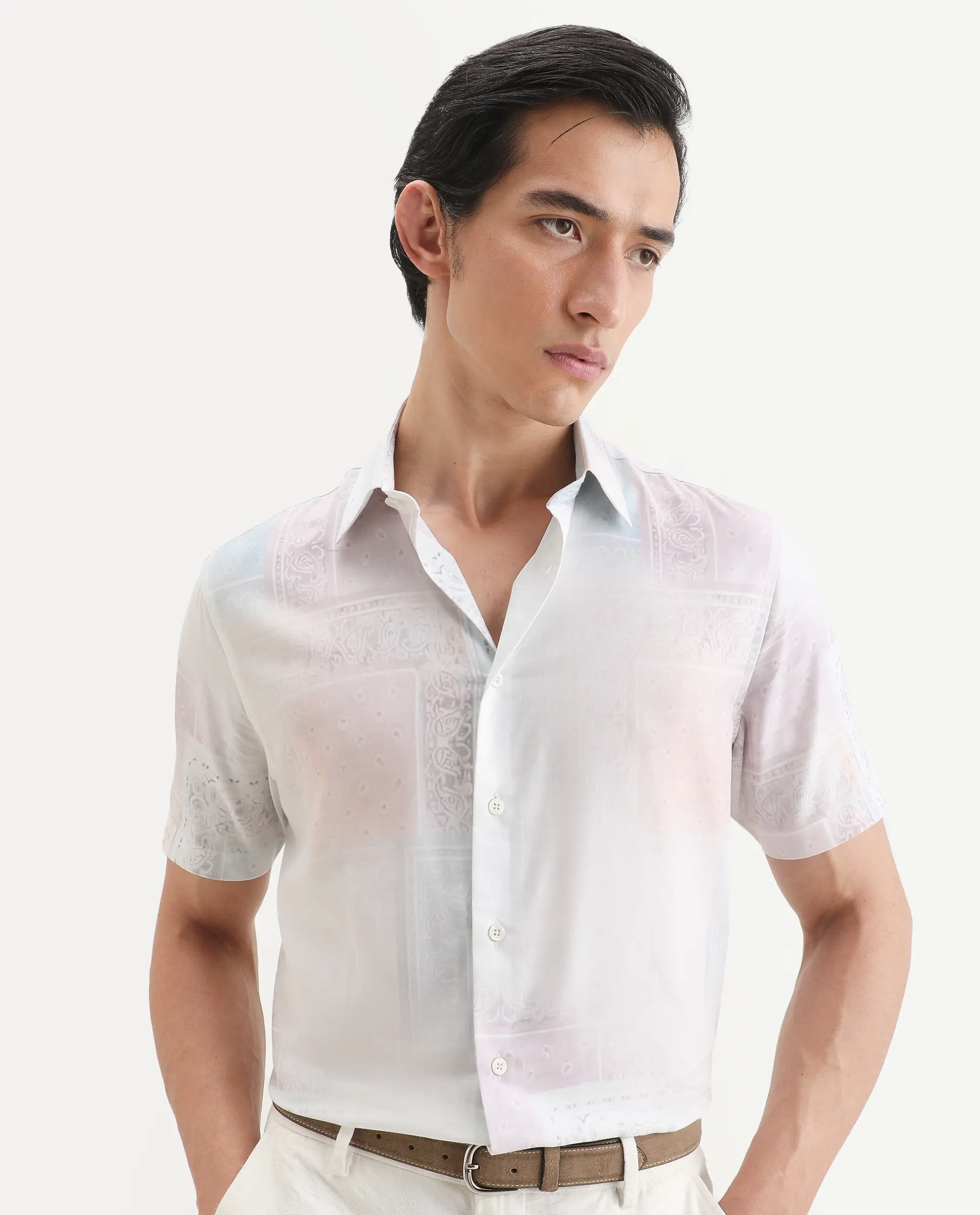 Rare Rabbit Men's Kyra White Cotton Blend Fabric Half Sleeve Spread Collar Regular Fit Paisley Print Shirt