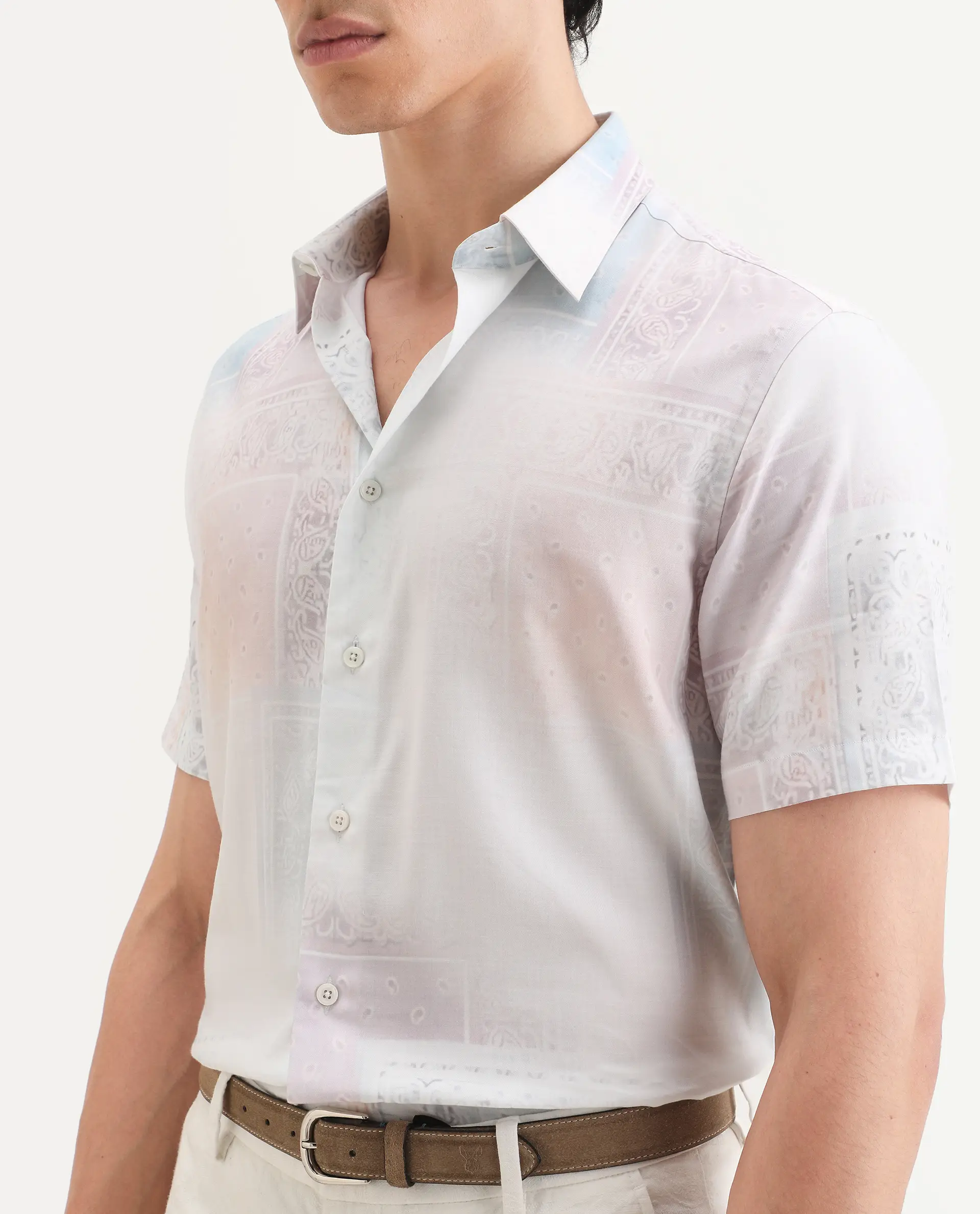 Rare Rabbit Men's Kyra White Cotton Blend Fabric Half Sleeve Spread Collar Regular Fit Paisley Print Shirt - Image 3