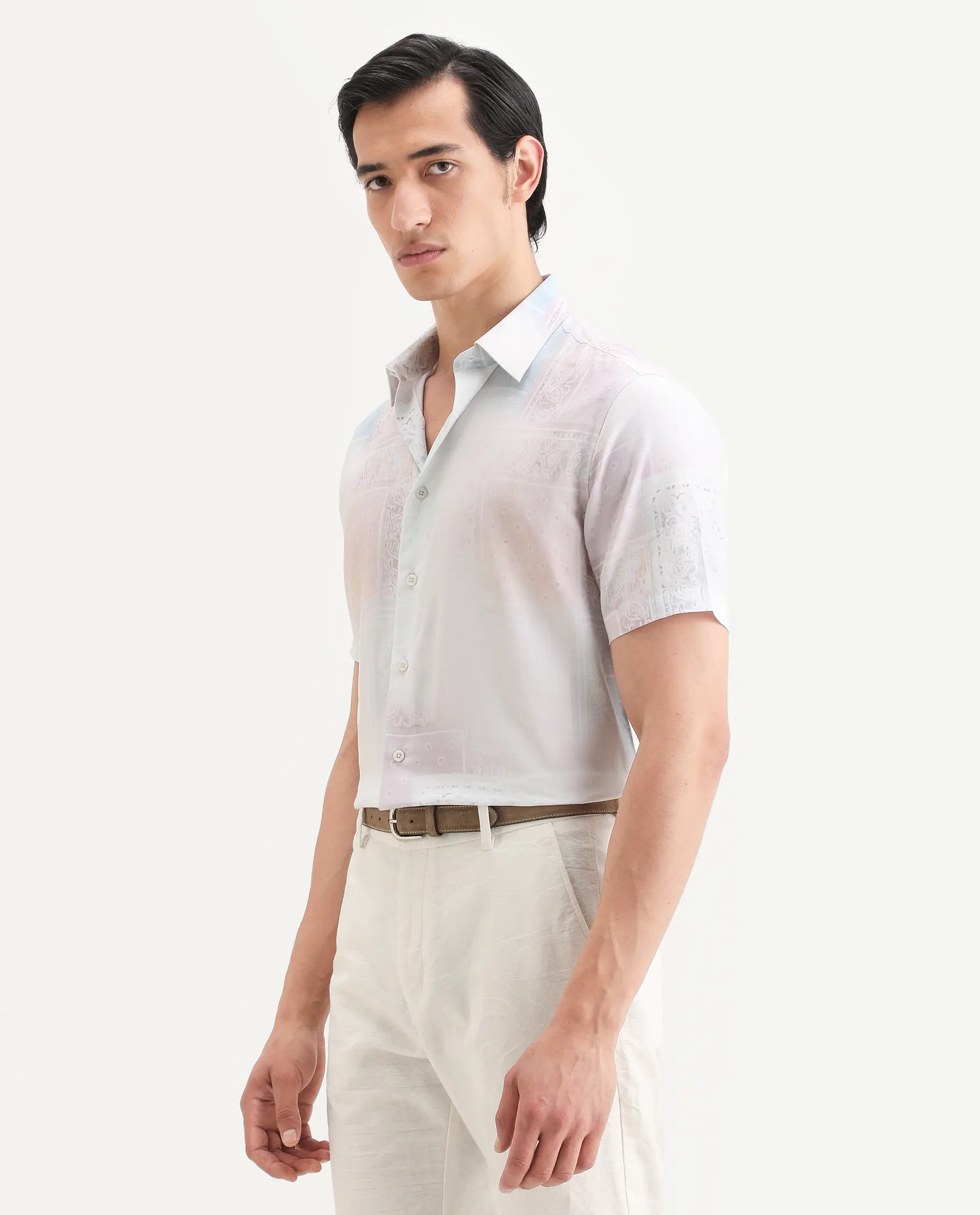 Rare Rabbit Men's Kyra White Cotton Blend Fabric Half Sleeve Spread Collar Regular Fit Paisley Print Shirt - Image 5