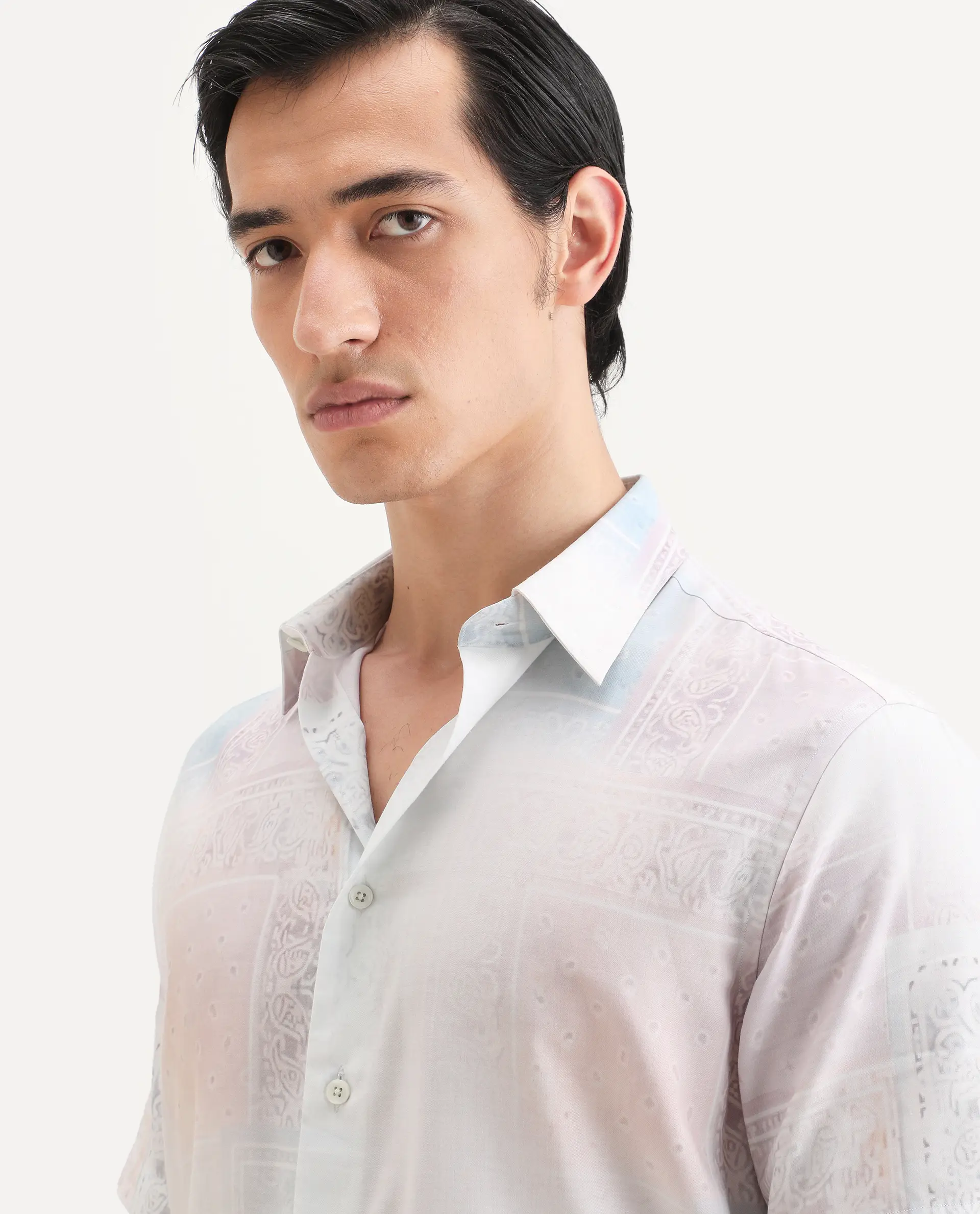 Rare Rabbit Men's Kyra White Cotton Blend Fabric Half Sleeve Spread Collar Regular Fit Paisley Print Shirt - Image 7