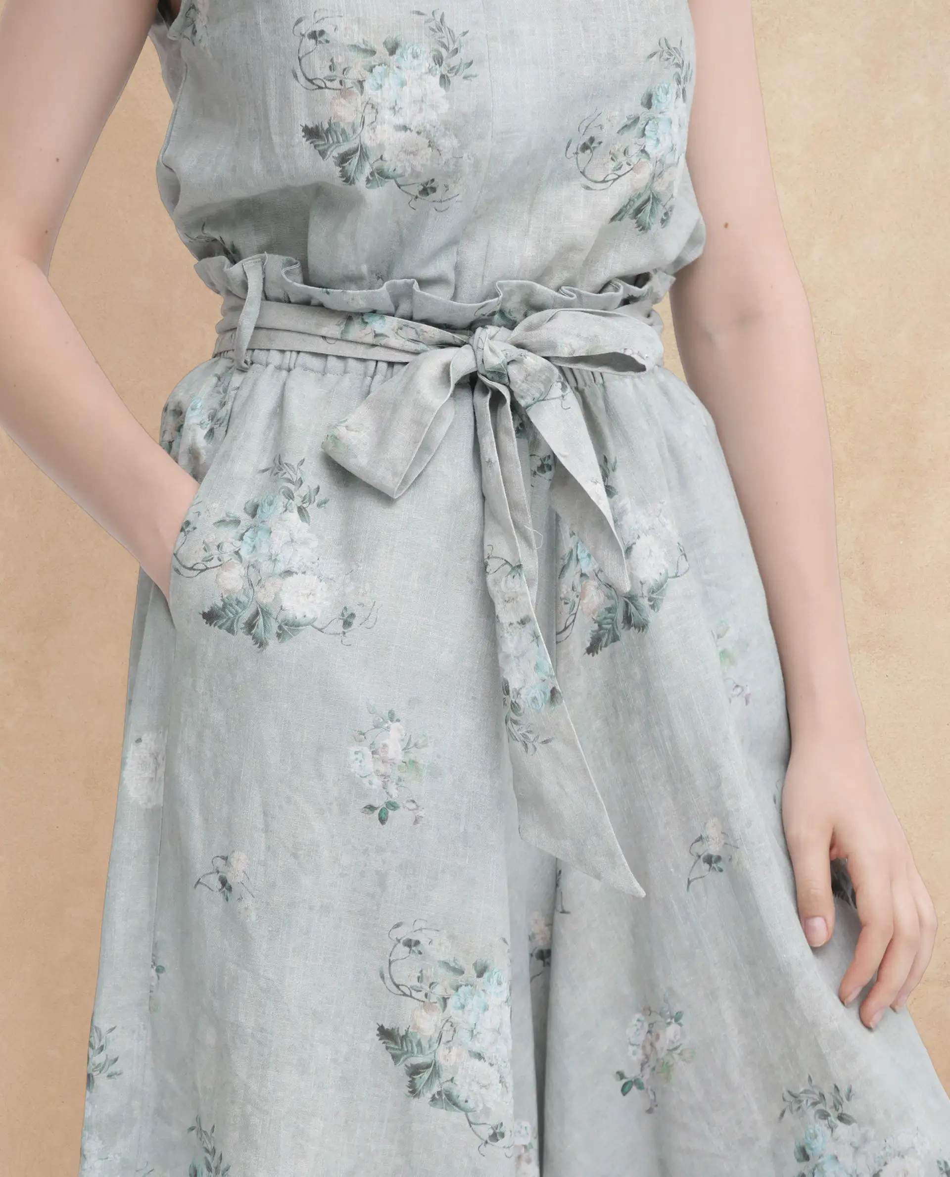 Rareism Women's Kyul-B Dusky Green Linen Floral Print Ankle Length Flared Trouser - Image 5