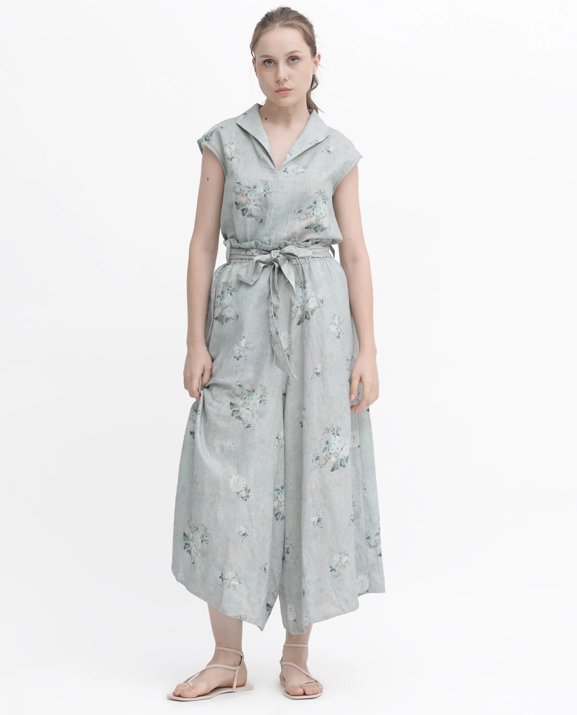 Rareism Women's Kyul-T Dusky Green Cotton Linen Lapel Neck Floral Print Extended Sleeves Regular Fit Top - Image 3