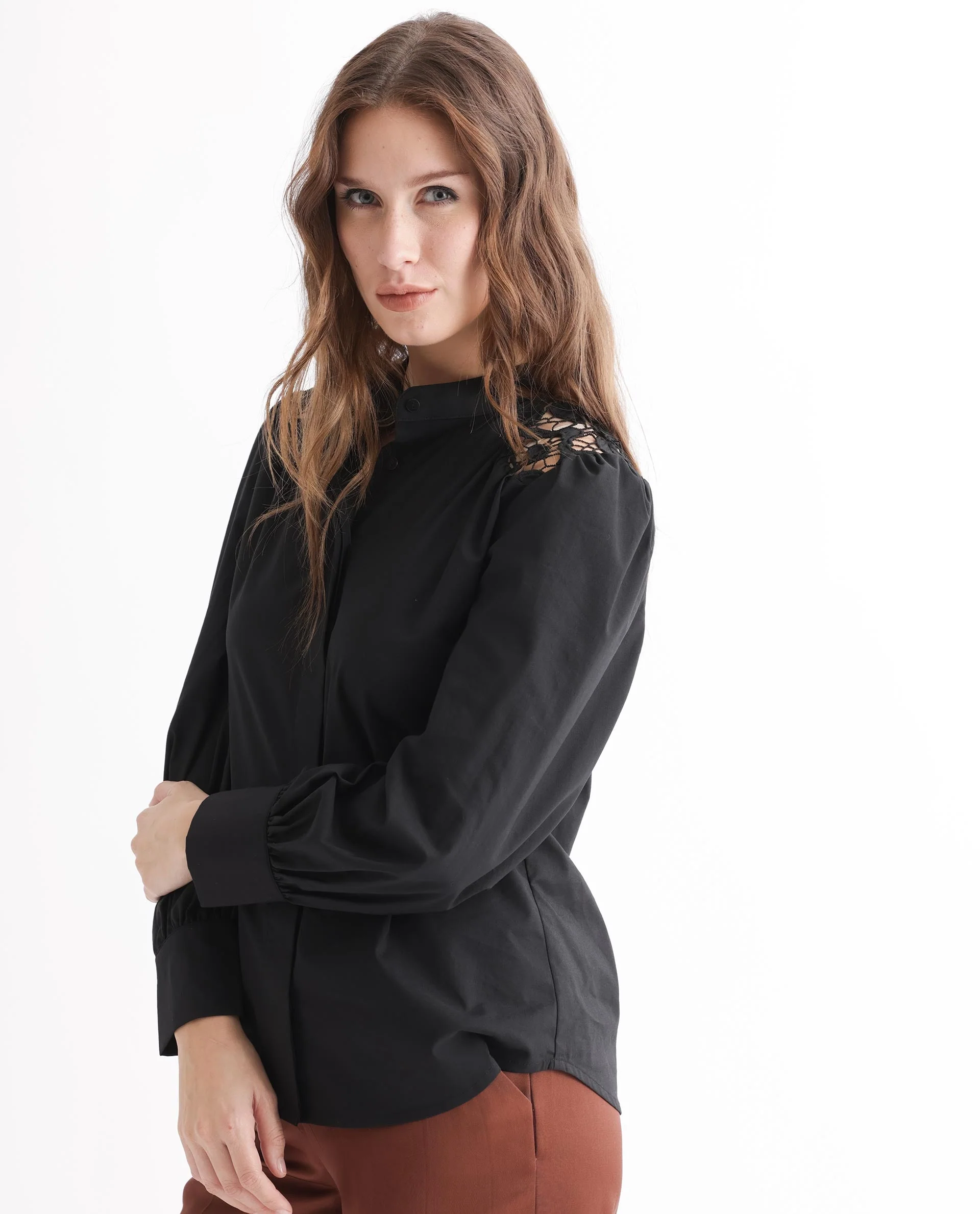 Rareism Women's Laam Black Cotton Blend Mandarin Collar Plain Balloon Sleeve Regular Fit Top - Image 10