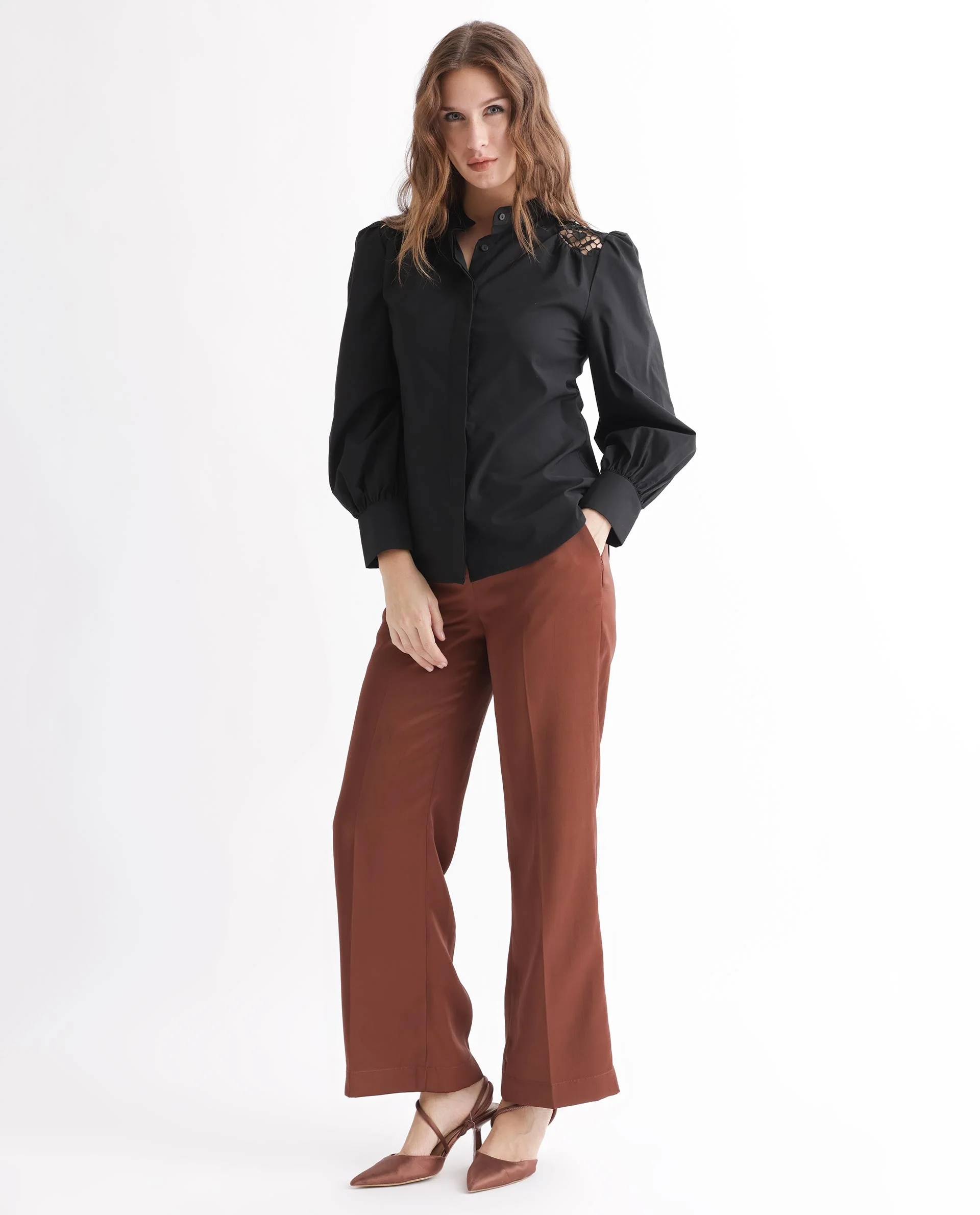 Rareism Women's Laam Black Cotton Blend Mandarin Collar Plain Balloon Sleeve Regular Fit Top - Image 5