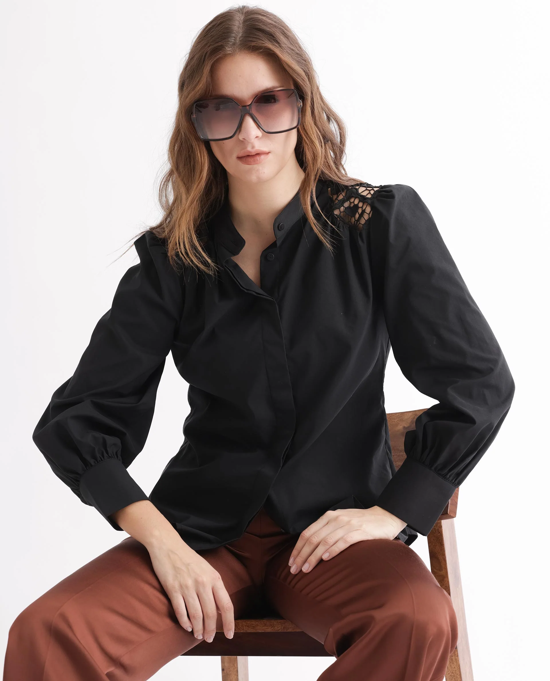 Rareism Women's Laam Black Cotton Blend Mandarin Collar Plain Balloon Sleeve Regular Fit Top - Image 6