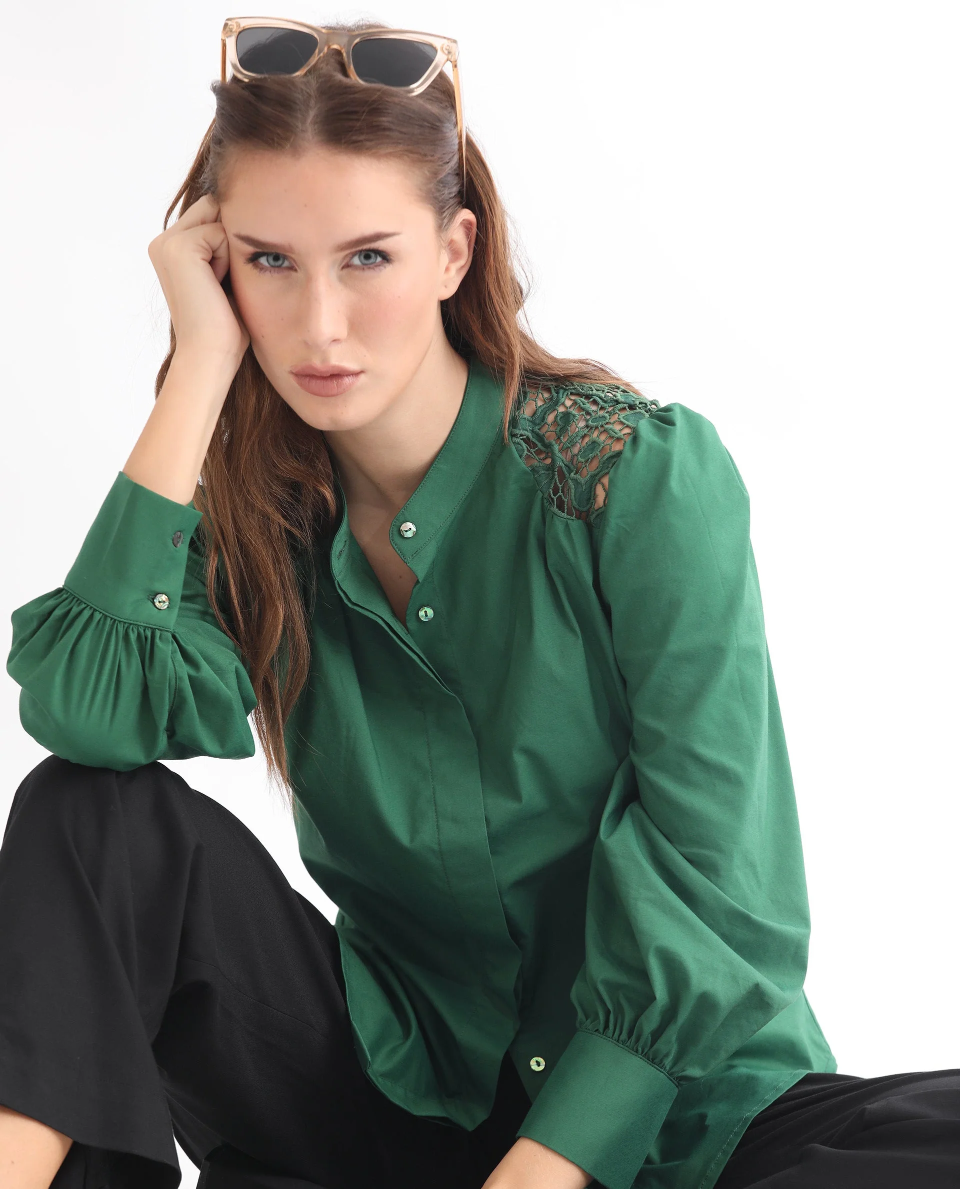 Rareism Women's Laam Dark Green Cotton Blend Mandarin Collar Plain Balloon Sleeve Regular Fit Top