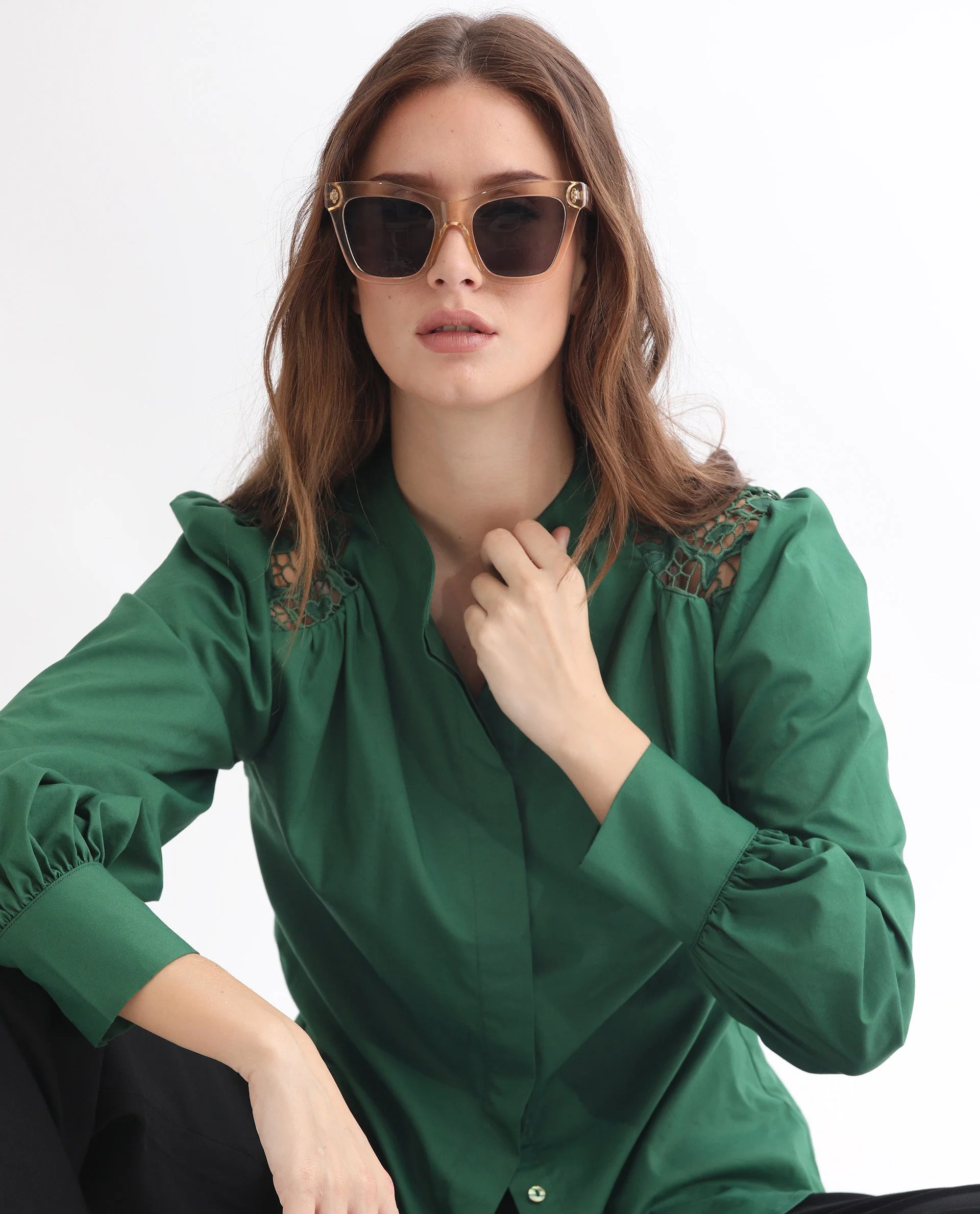Rareism Women's Laam Dark Green Cotton Blend Mandarin Collar Plain Balloon Sleeve Regular Fit Top - Image 10