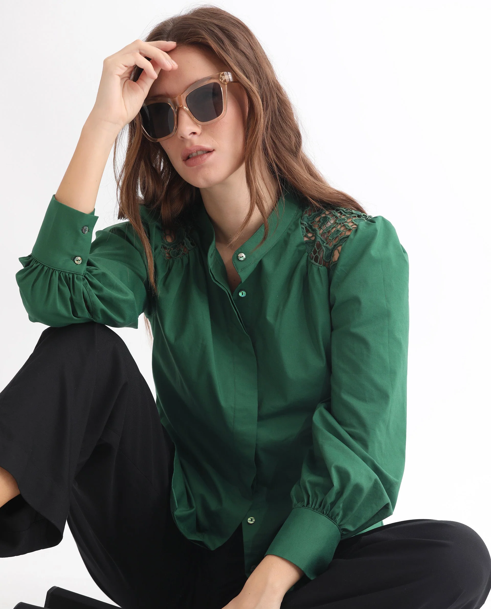 Rareism Women's Laam Dark Green Cotton Blend Mandarin Collar Plain Balloon Sleeve Regular Fit Top - Image 12