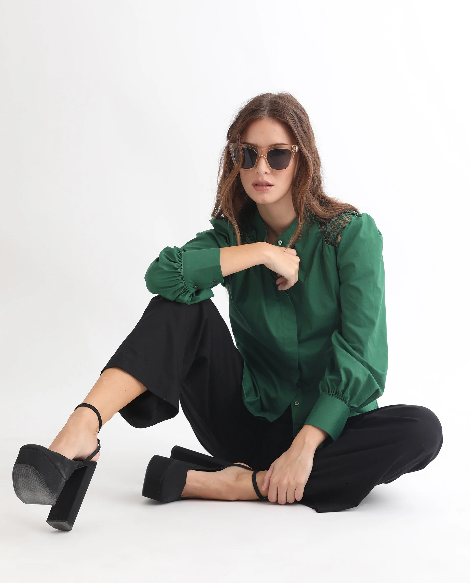 Rareism Women's Laam Dark Green Cotton Blend Mandarin Collar Plain Balloon Sleeve Regular Fit Top - Image 13