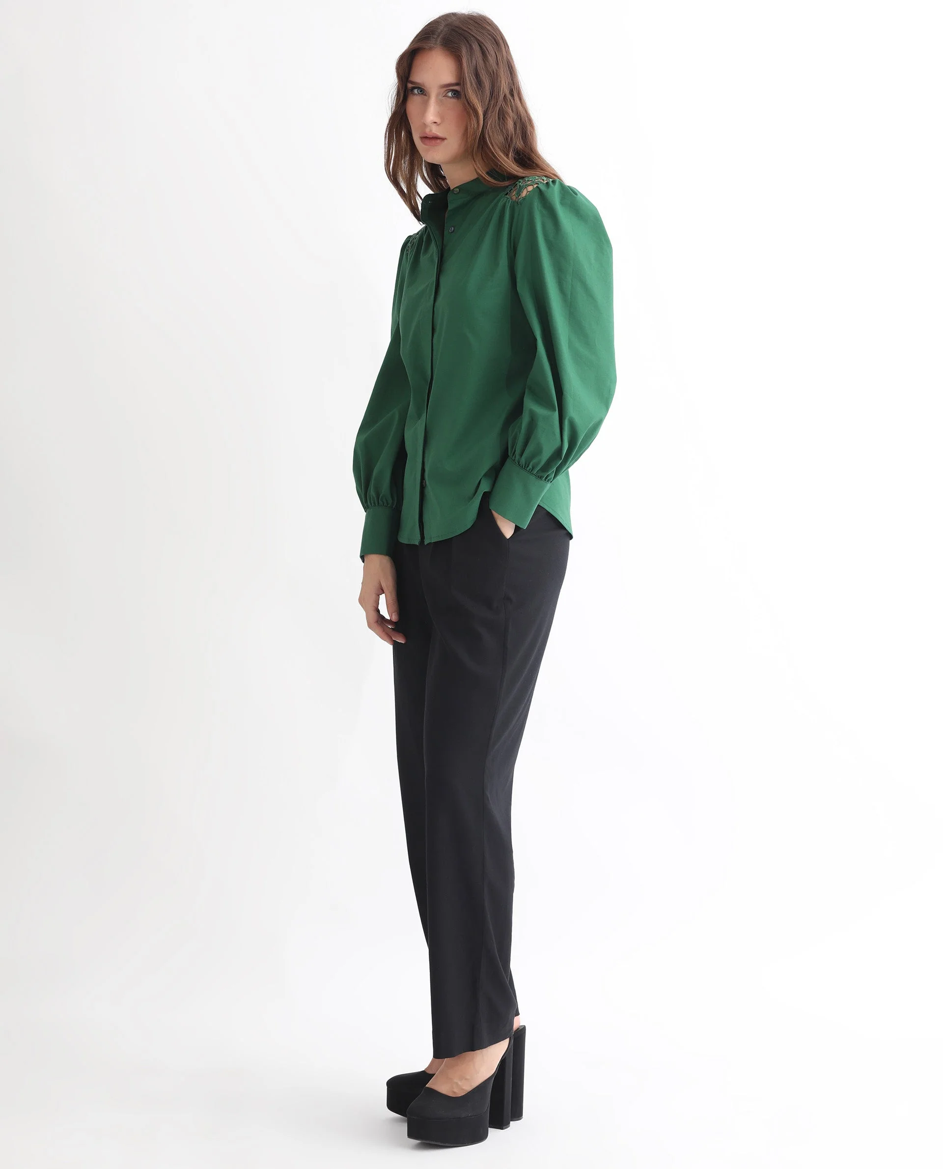 Rareism Women's Laam Dark Green Cotton Blend Mandarin Collar Plain Balloon Sleeve Regular Fit Top - Image 14
