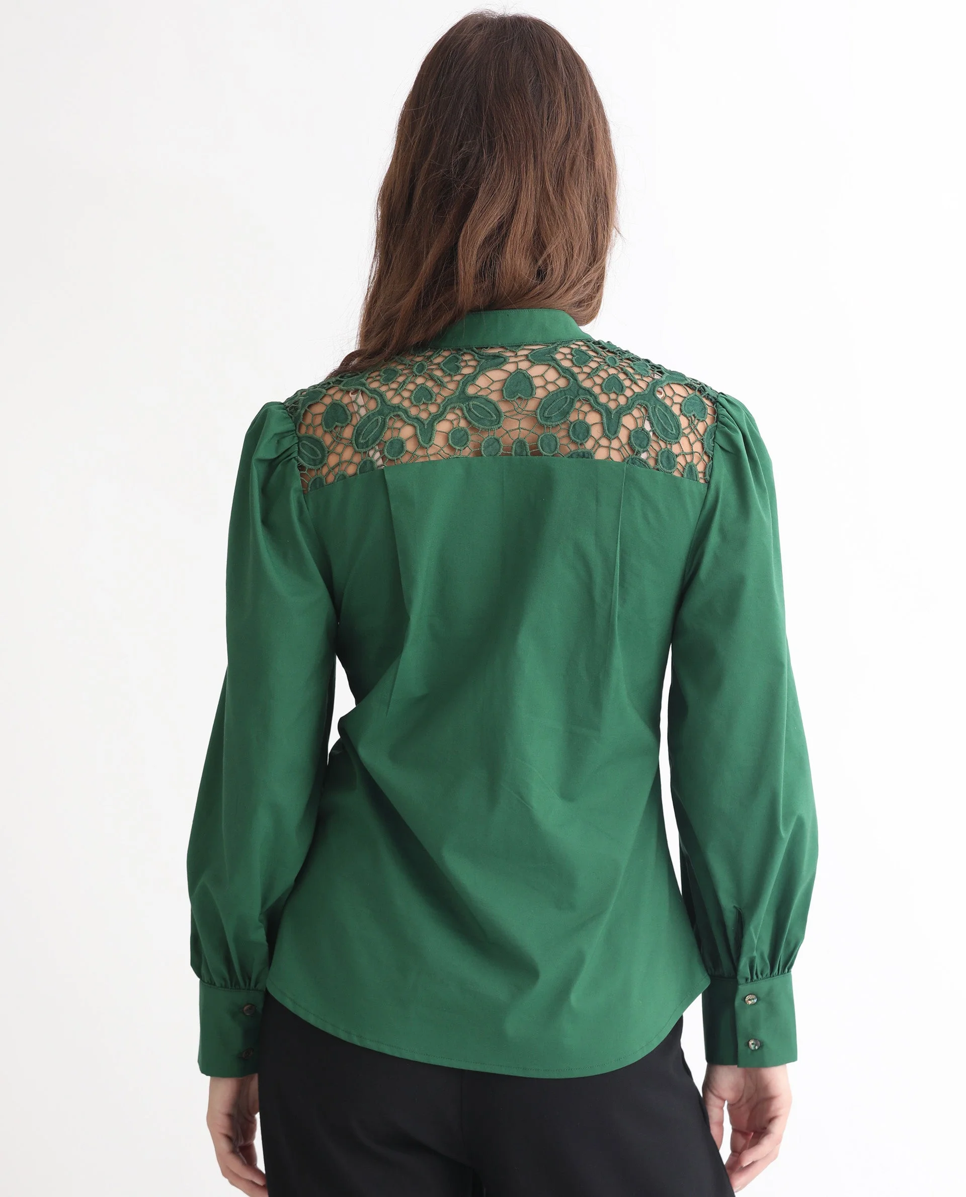 Rareism Women's Laam Dark Green Cotton Blend Mandarin Collar Plain Balloon Sleeve Regular Fit Top - Image 16
