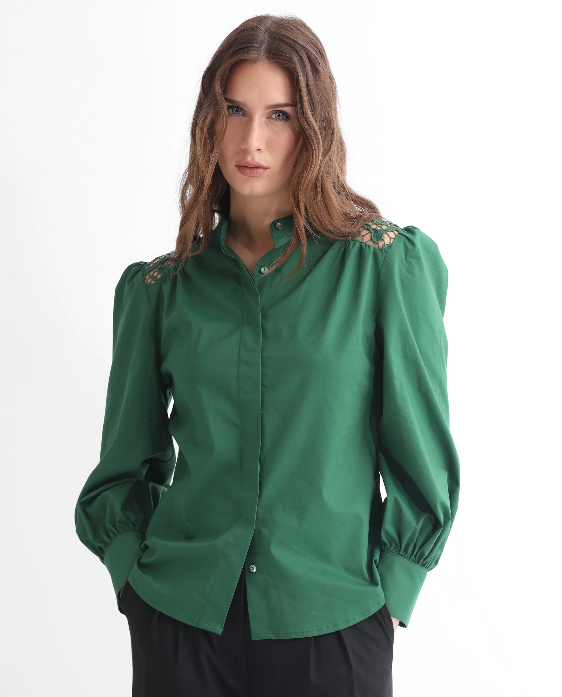 Rareism Women's Laam Dark Green Cotton Blend Mandarin Collar Plain Balloon Sleeve Regular Fit Top - Image 2