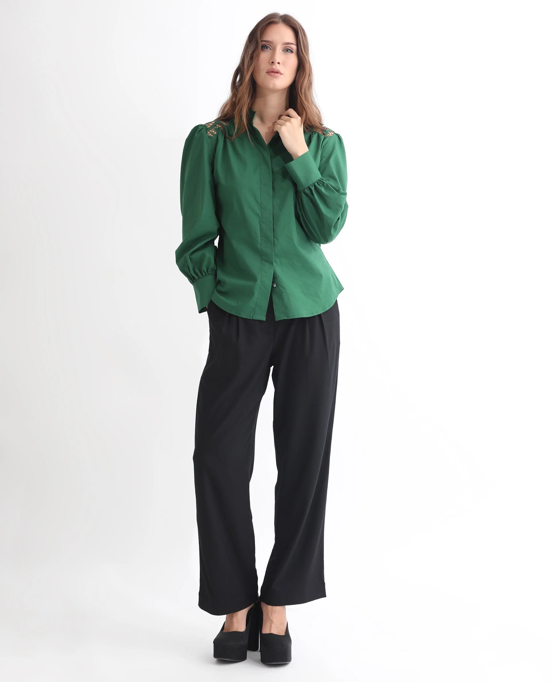 Rareism Women's Laam Dark Green Cotton Blend Mandarin Collar Plain Balloon Sleeve Regular Fit Top - Image 3