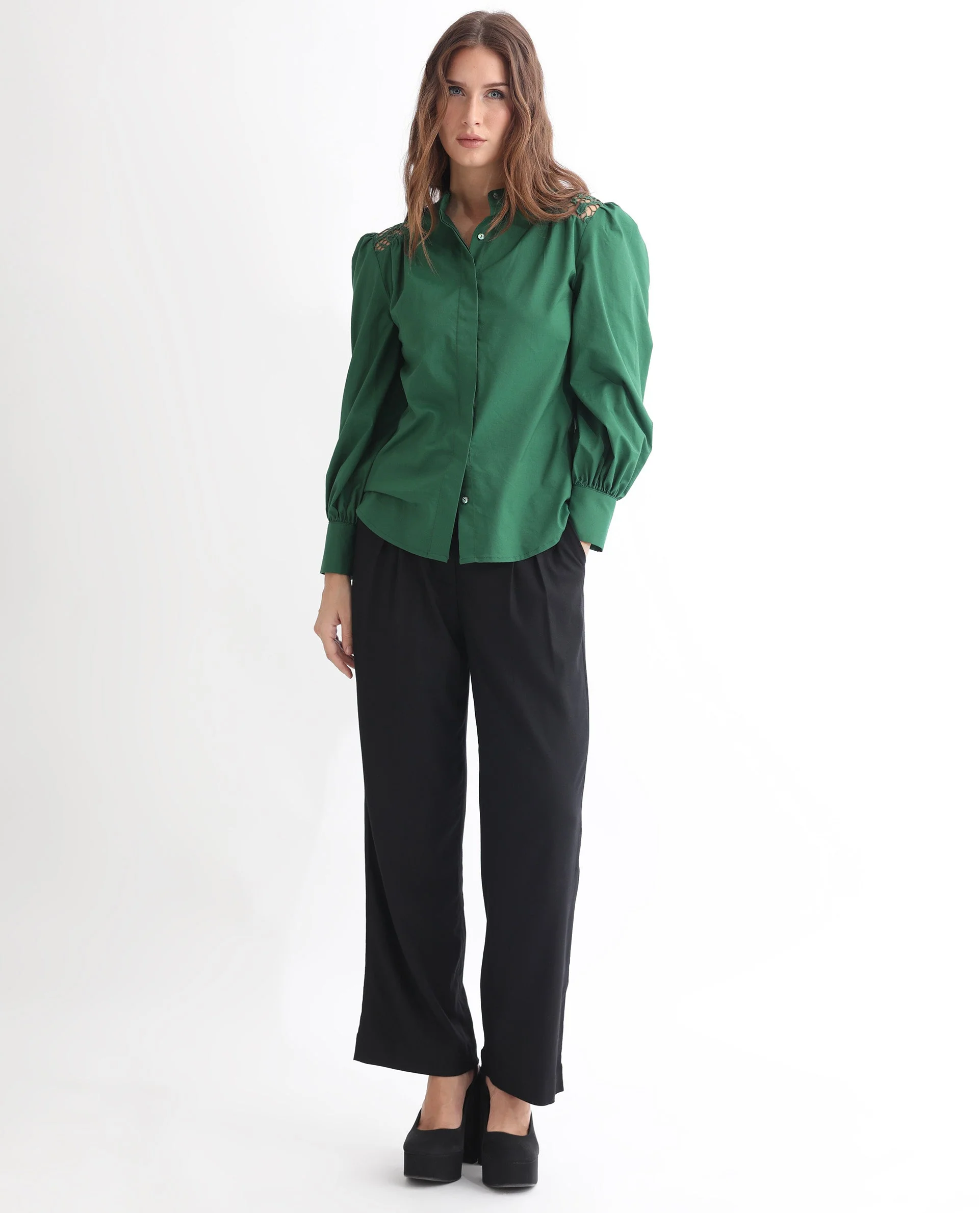 Rareism Women's Laam Dark Green Cotton Blend Mandarin Collar Plain Balloon Sleeve Regular Fit Top - Image 4
