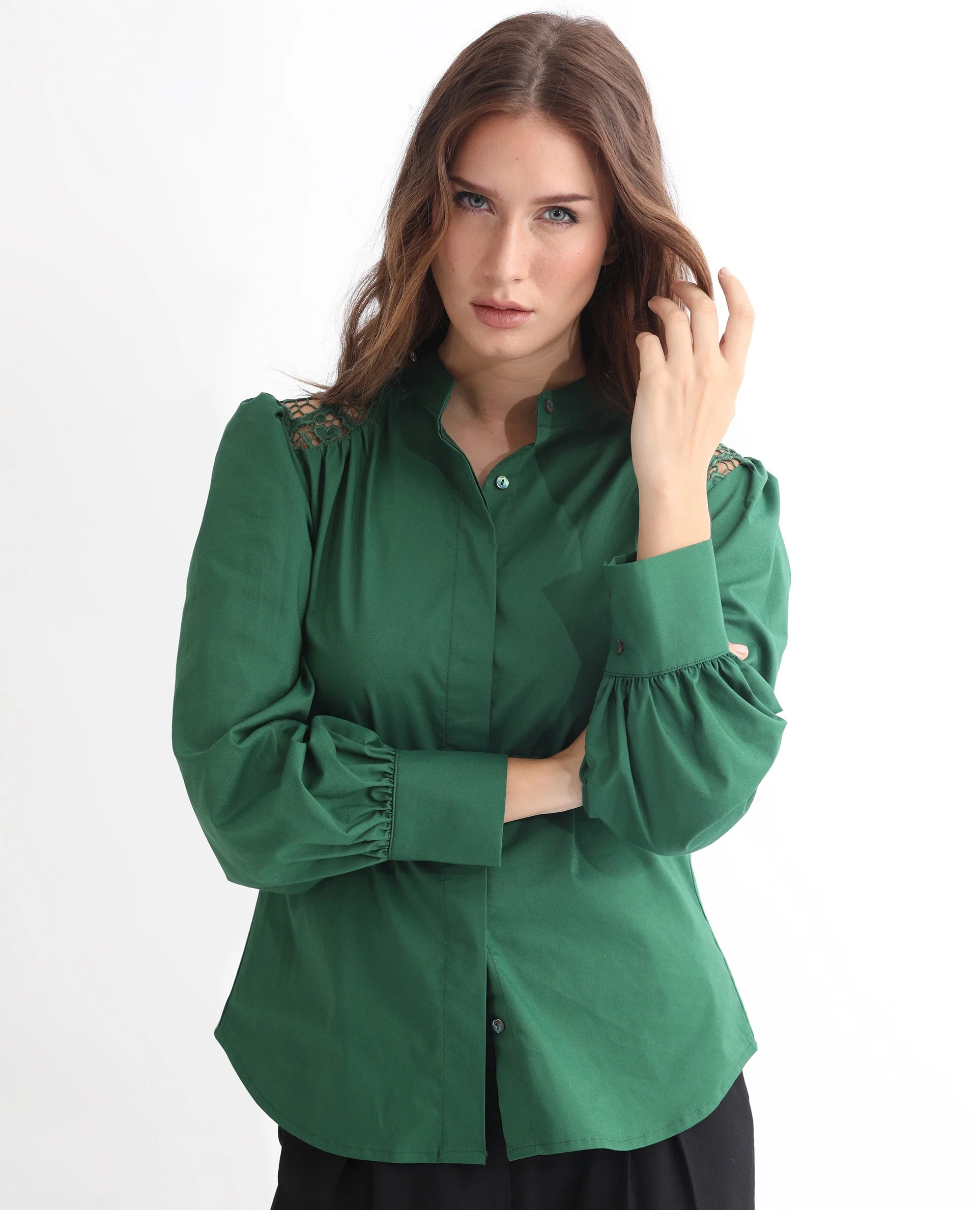 Rareism Women's Laam Dark Green Cotton Blend Mandarin Collar Plain Balloon Sleeve Regular Fit Top - Image 5