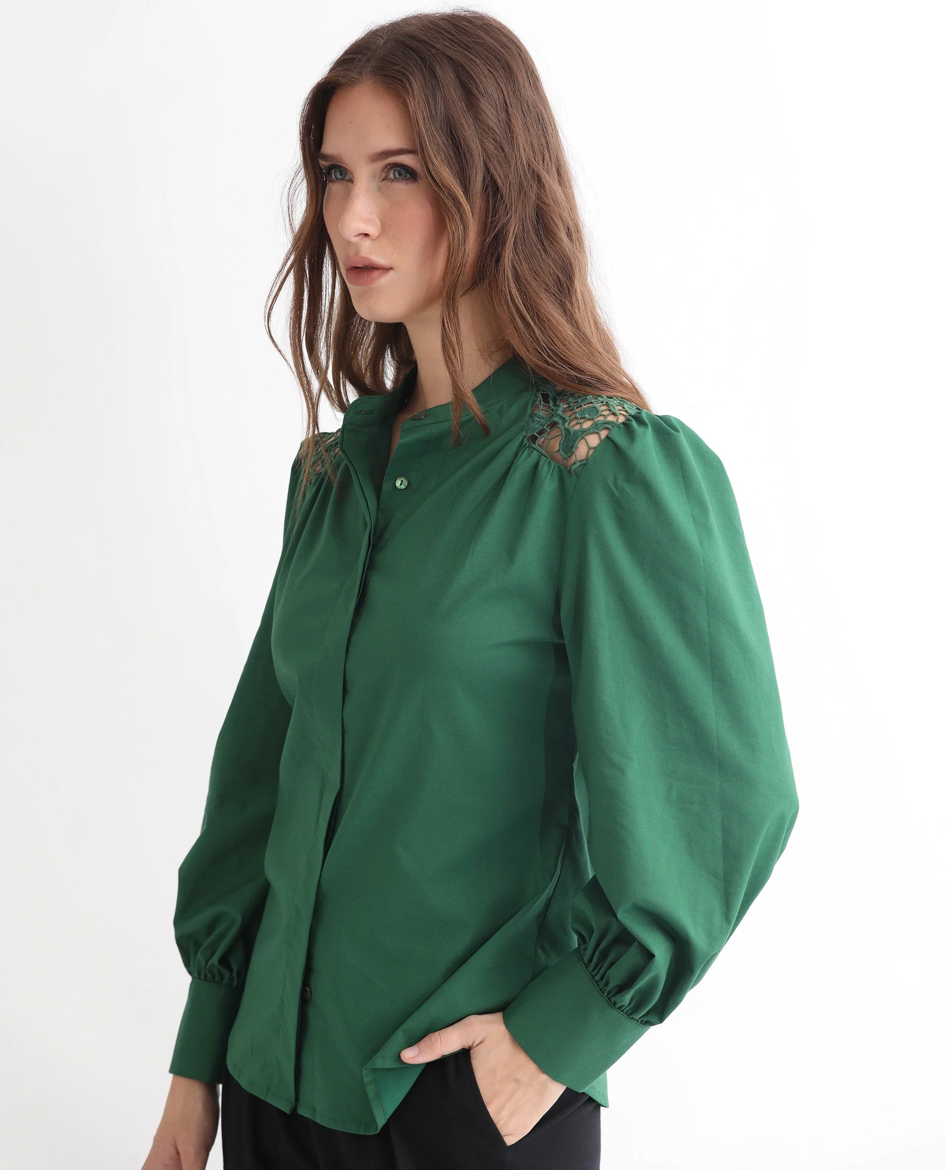 Rareism Women's Laam Dark Green Cotton Blend Mandarin Collar Plain Balloon Sleeve Regular Fit Top - Image 6