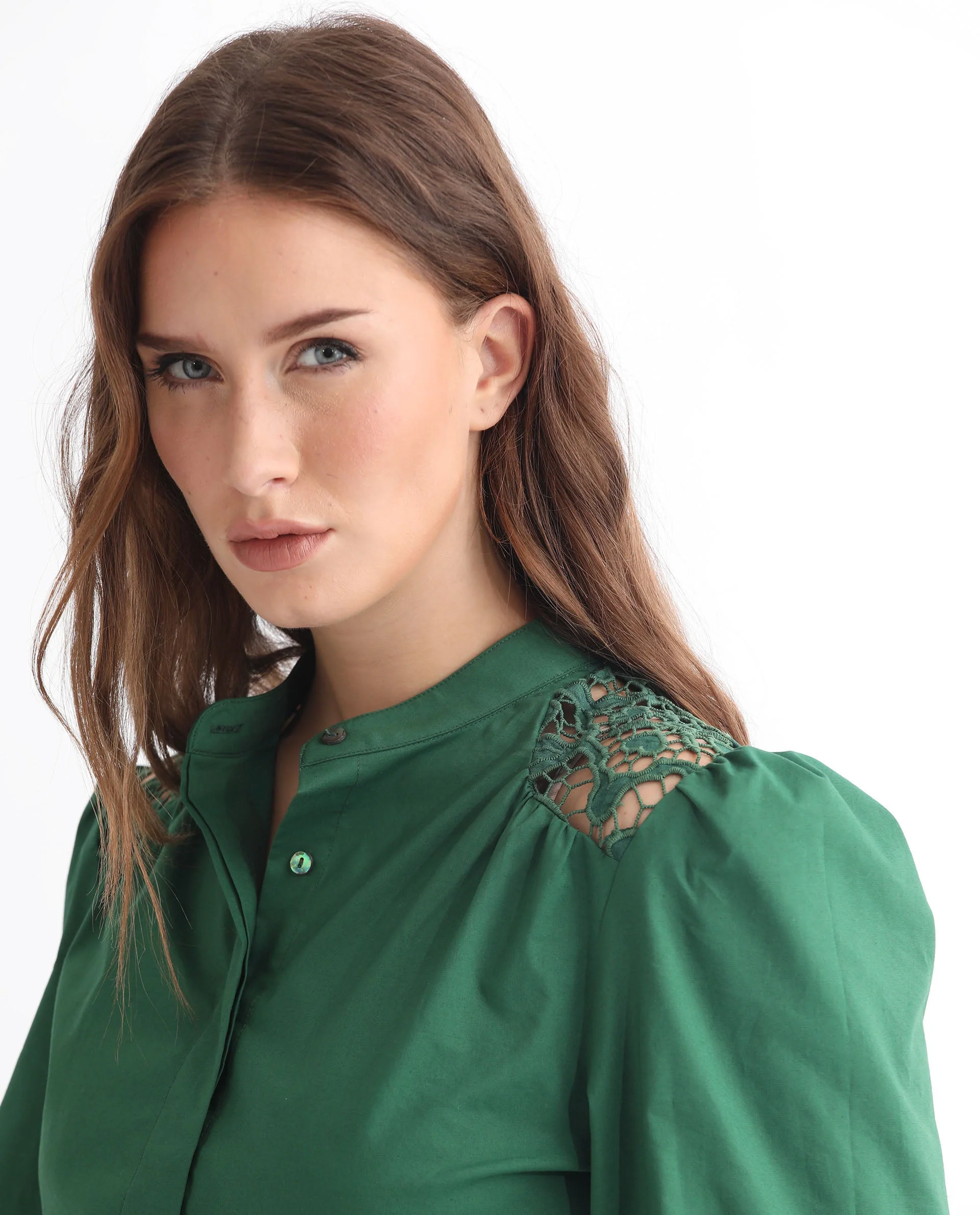 Rareism Women's Laam Dark Green Cotton Blend Mandarin Collar Plain Balloon Sleeve Regular Fit Top - Image 7