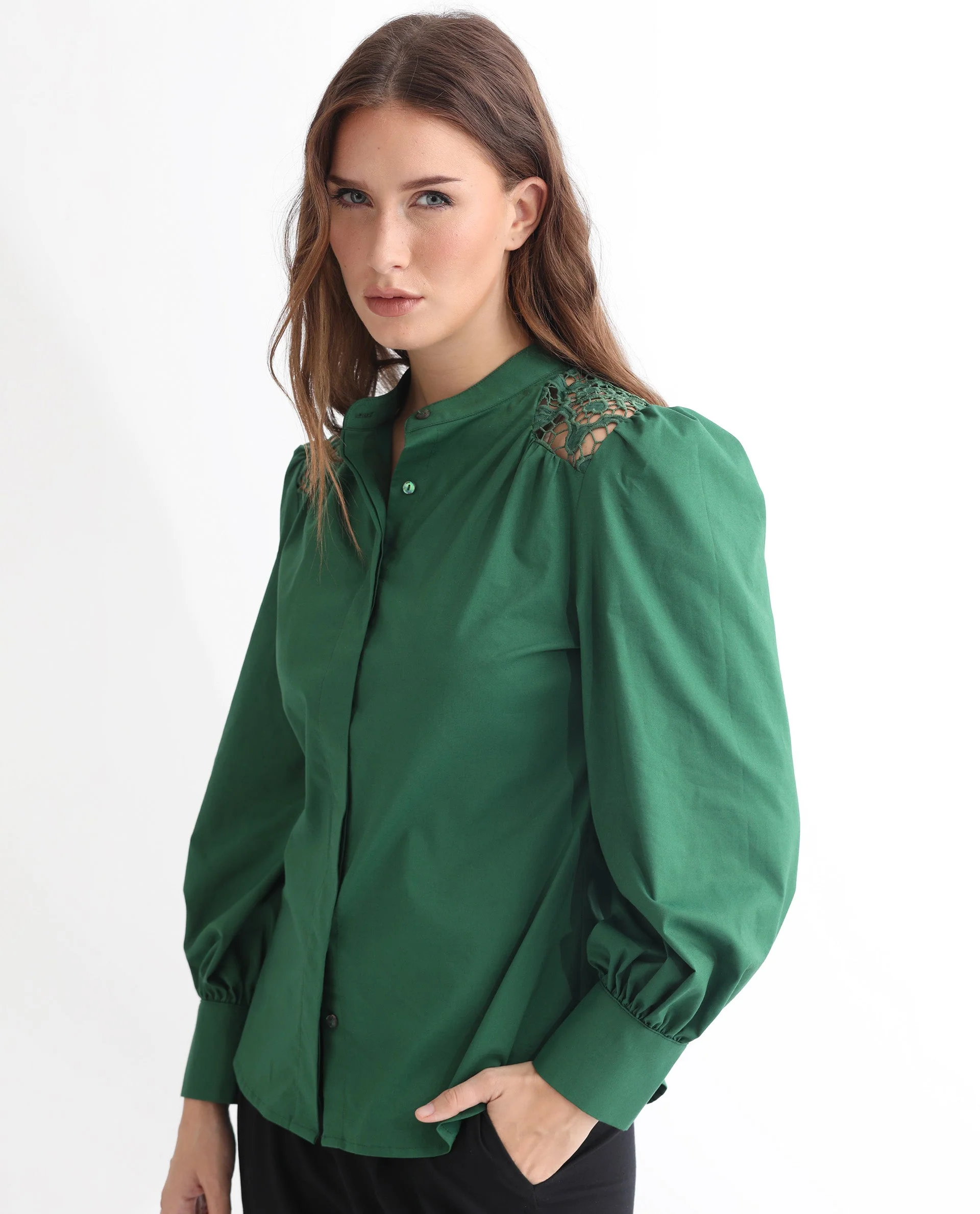 Rareism Women's Laam Dark Green Cotton Blend Mandarin Collar Plain Balloon Sleeve Regular Fit Top - Image 8
