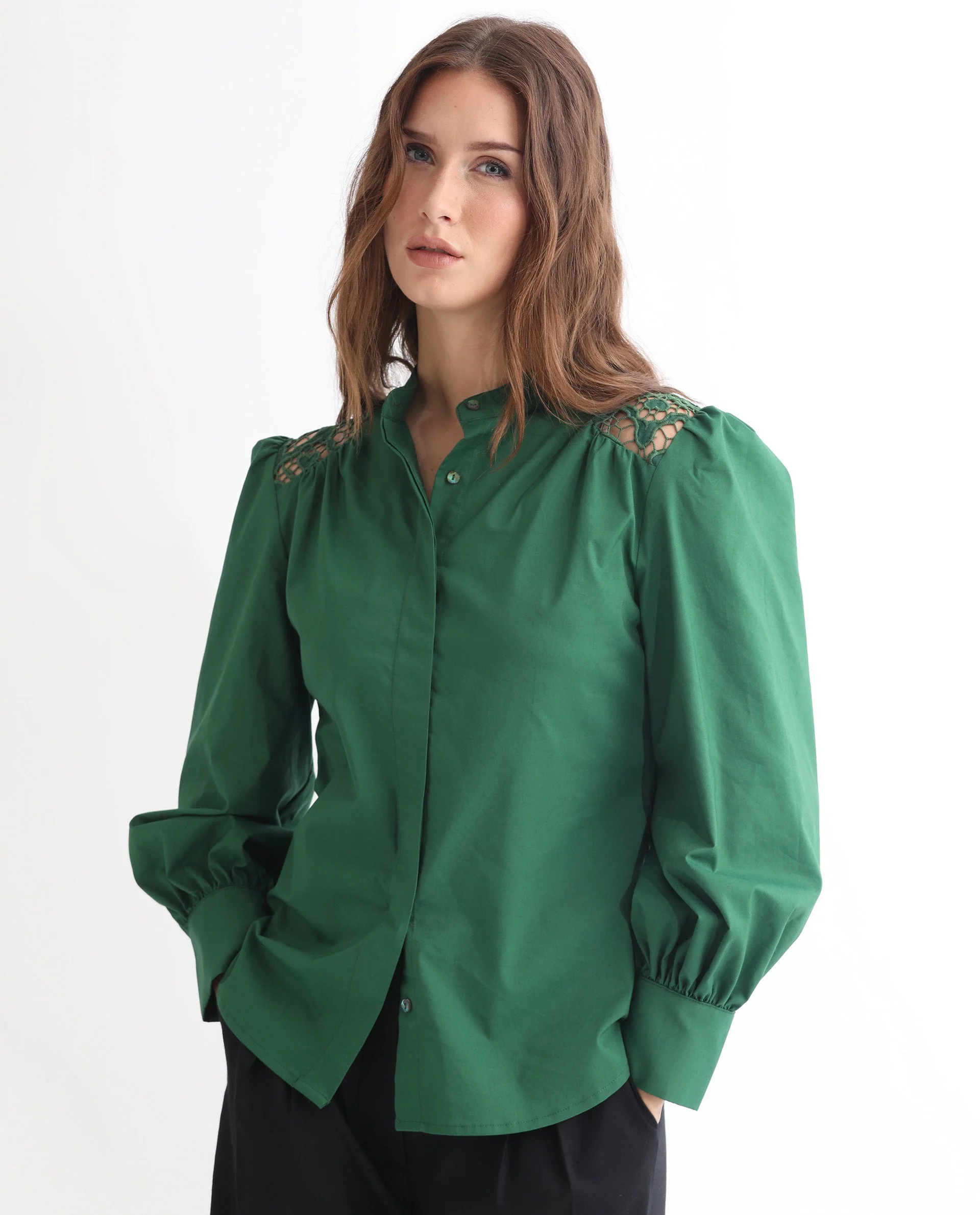Rareism Women's Laam Dark Green Cotton Blend Mandarin Collar Plain Balloon Sleeve Regular Fit Top - Image 9