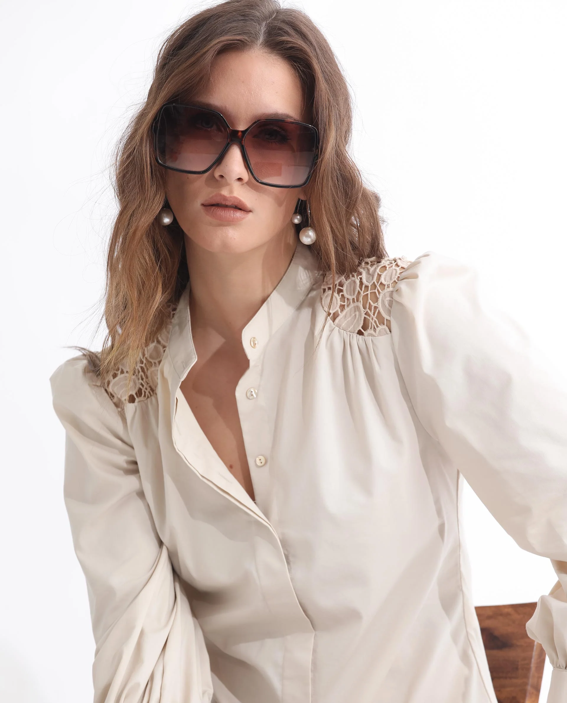 Rareism Women's Laam Light Beige Cotton Blend Mandarin Collar Plain Balloon Sleeve Regular Fit Top - Image 12