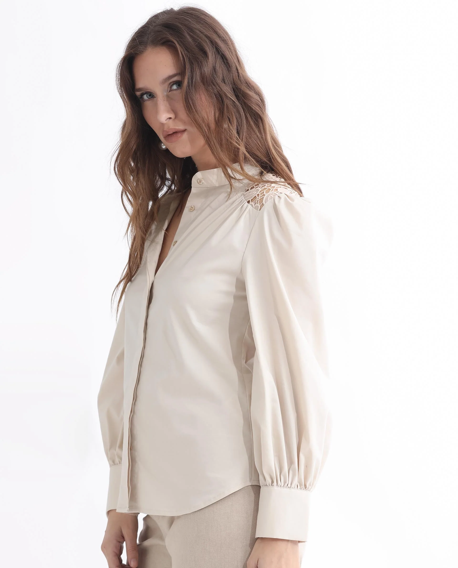 Rareism Women's Laam Light Beige Cotton Blend Mandarin Collar Plain Balloon Sleeve Regular Fit Top - Image 16
