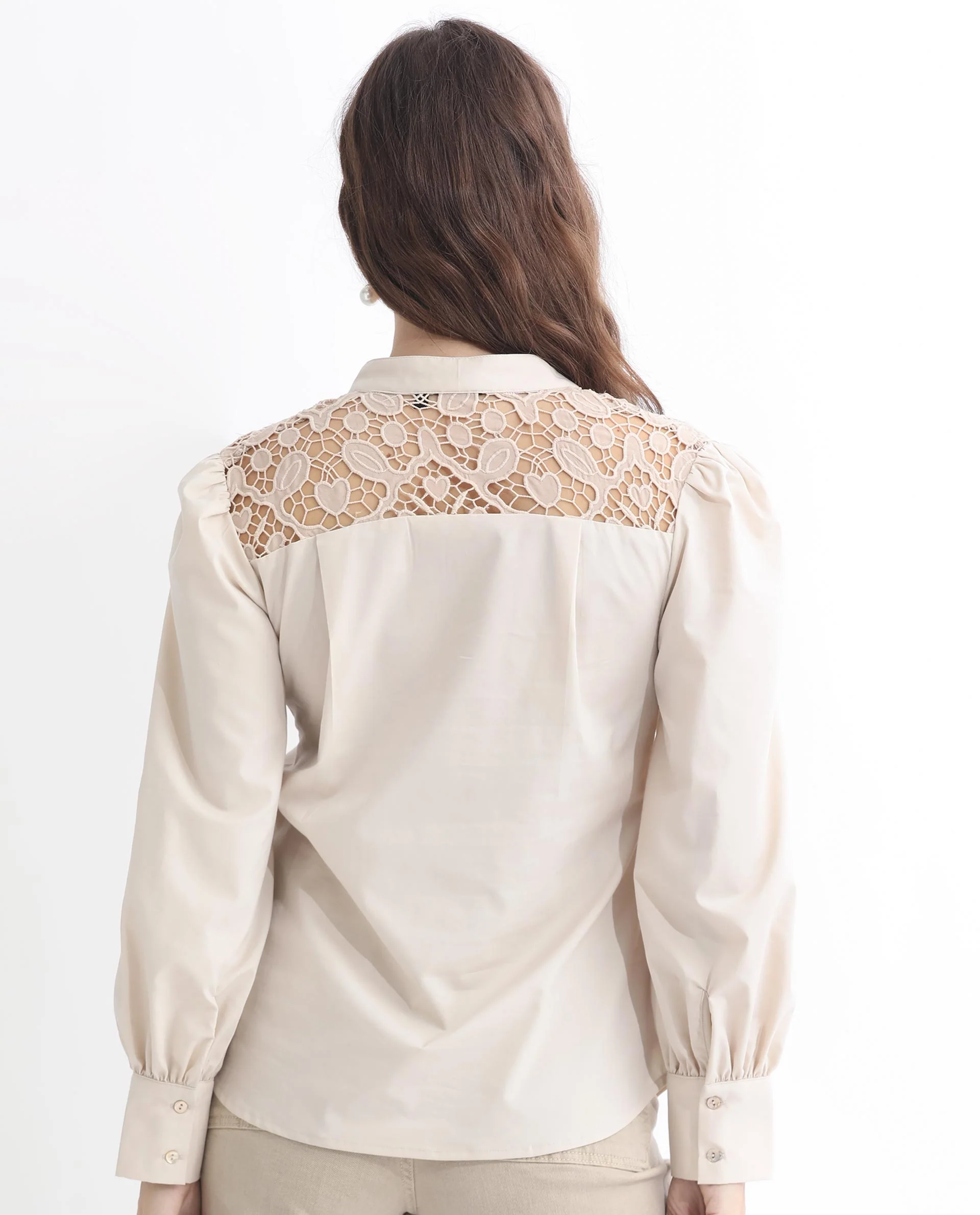 Rareism Women's Laam Light Beige Cotton Blend Mandarin Collar Plain Balloon Sleeve Regular Fit Top - Image 19