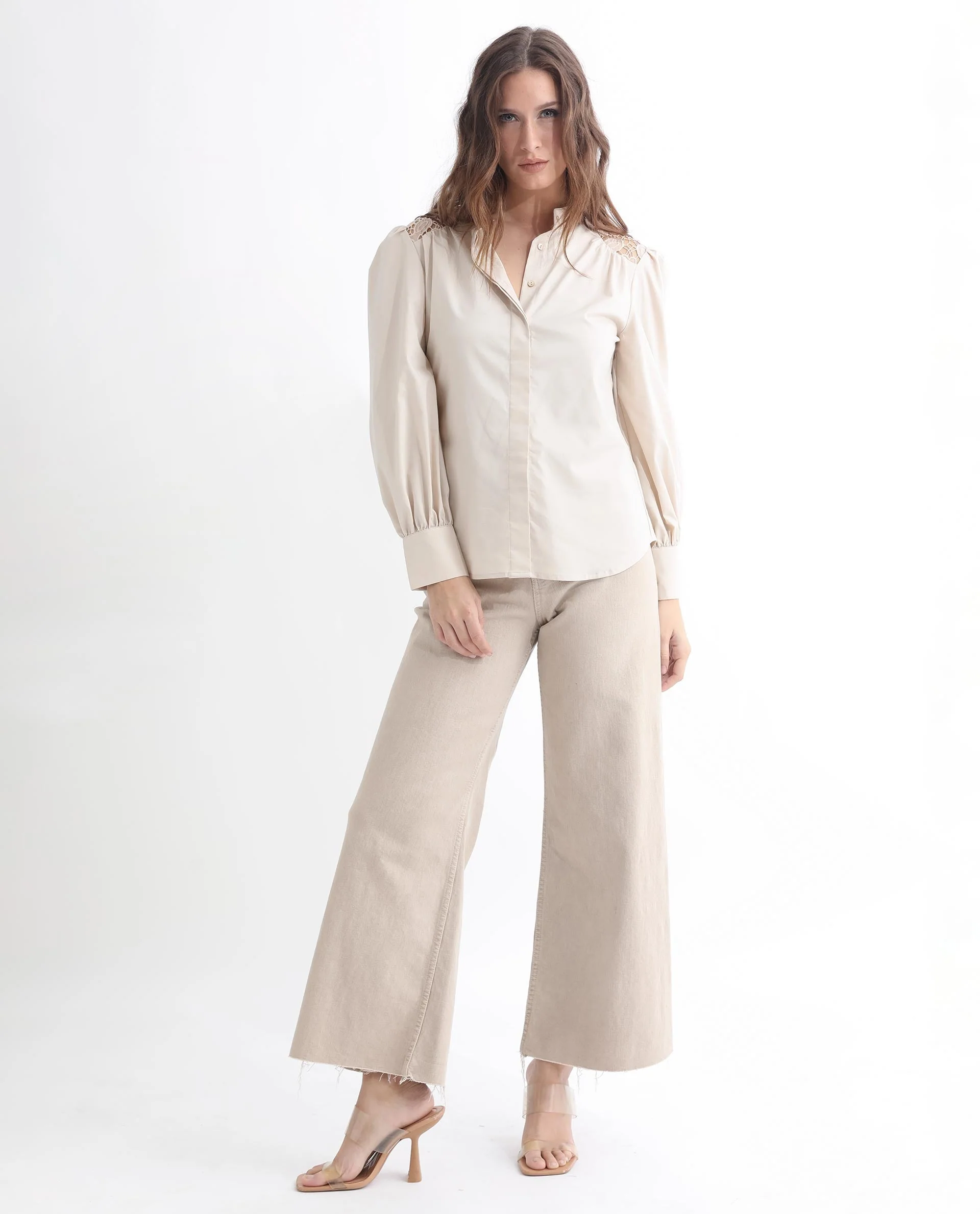 Rareism Women's Laam Light Beige Cotton Blend Mandarin Collar Plain Balloon Sleeve Regular Fit Top - Image 4