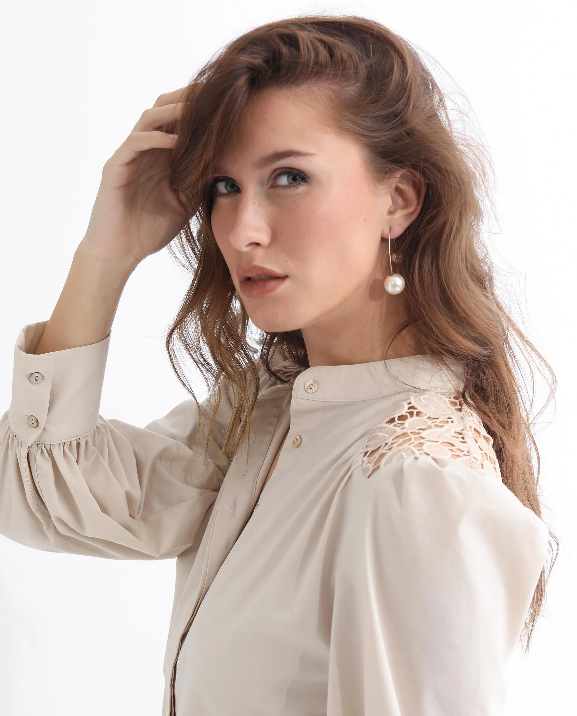 Rareism Women's Laam Light Beige Cotton Blend Mandarin Collar Plain Balloon Sleeve Regular Fit Top - Image 6
