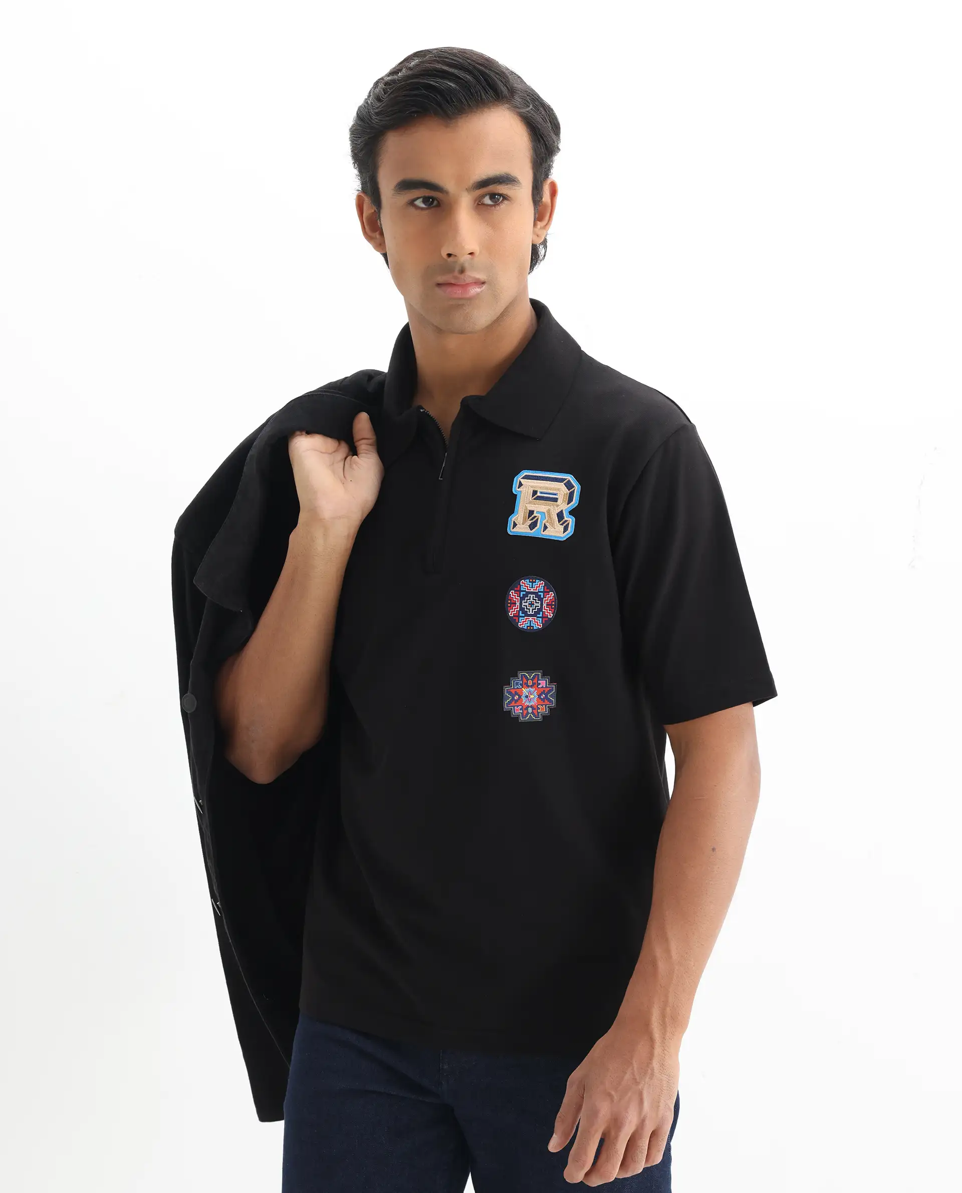 Rare Rabbit Men's Labe Black Cotton Blend Plain Oversized Fit Half Sleeve Polo