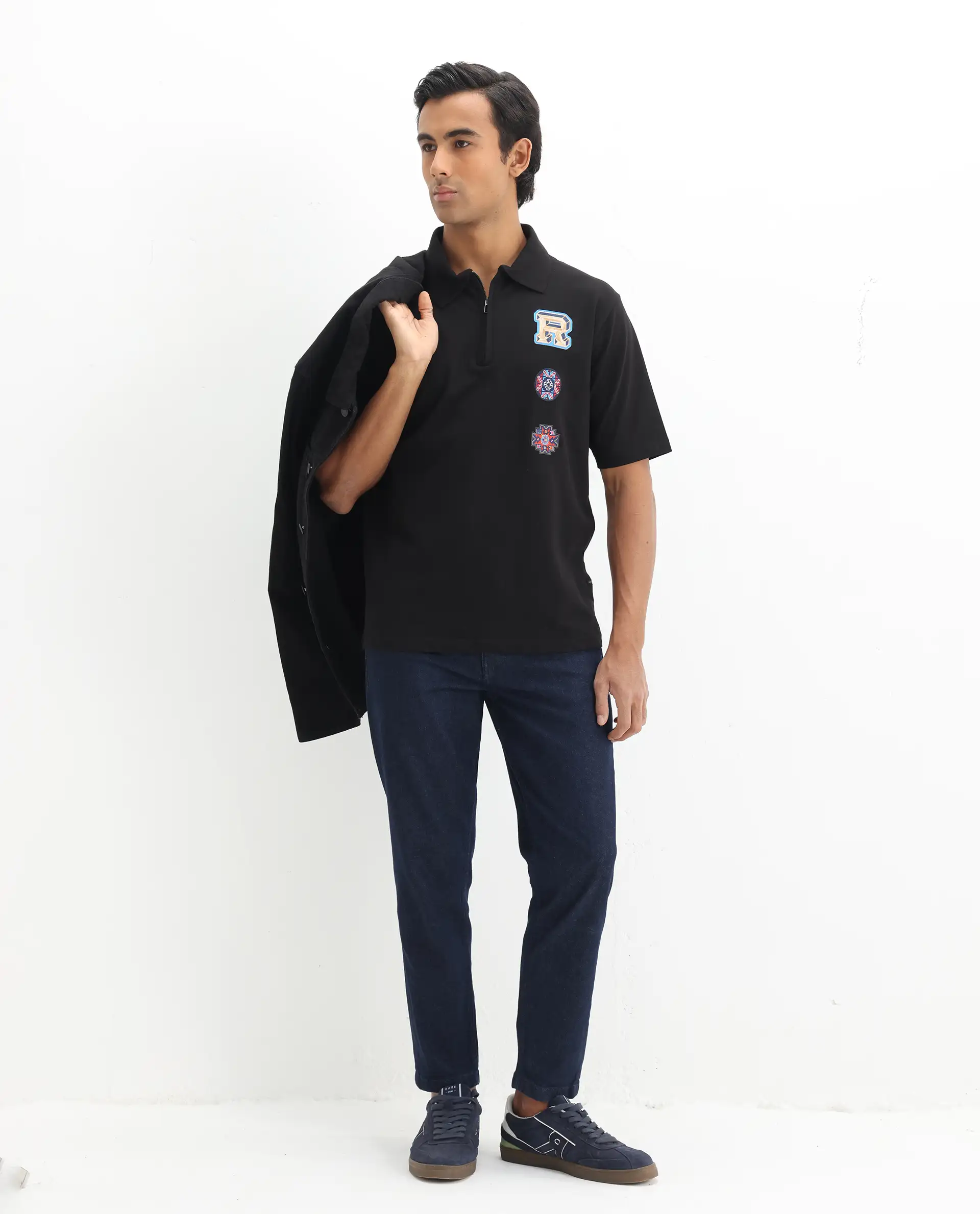 Rare Rabbit Men's Labe Black Cotton Blend Plain Oversized Fit Half Sleeve Polo - Image 2