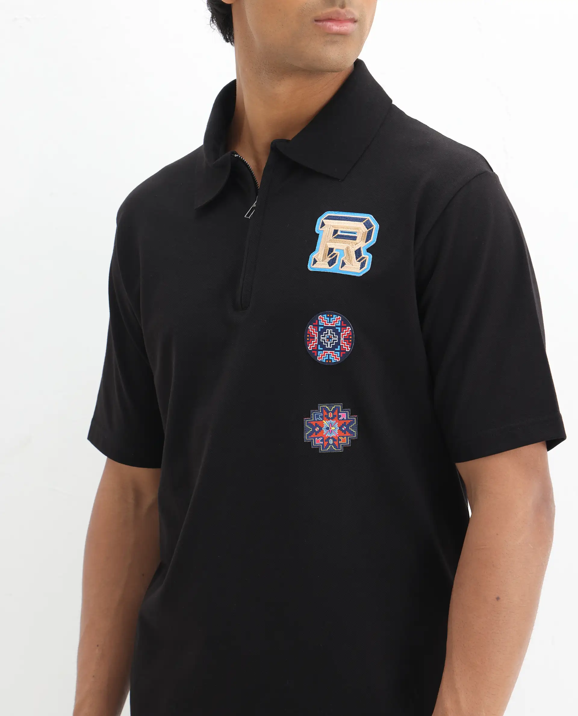 Rare Rabbit Men's Labe Black Cotton Blend Plain Oversized Fit Half Sleeve Polo - Image 3