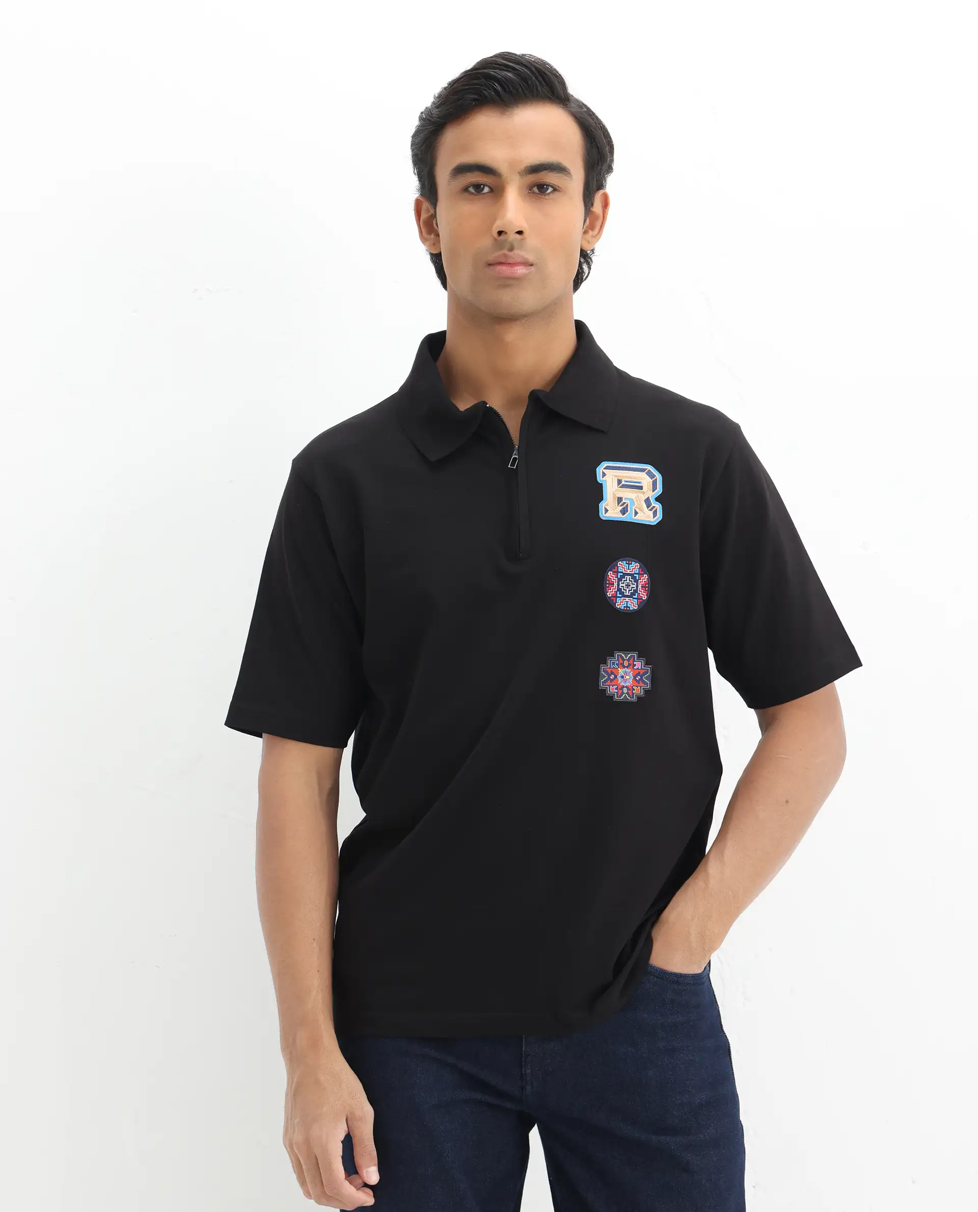 Rare Rabbit Men's Labe Black Cotton Blend Plain Oversized Fit Half Sleeve Polo - Image 4