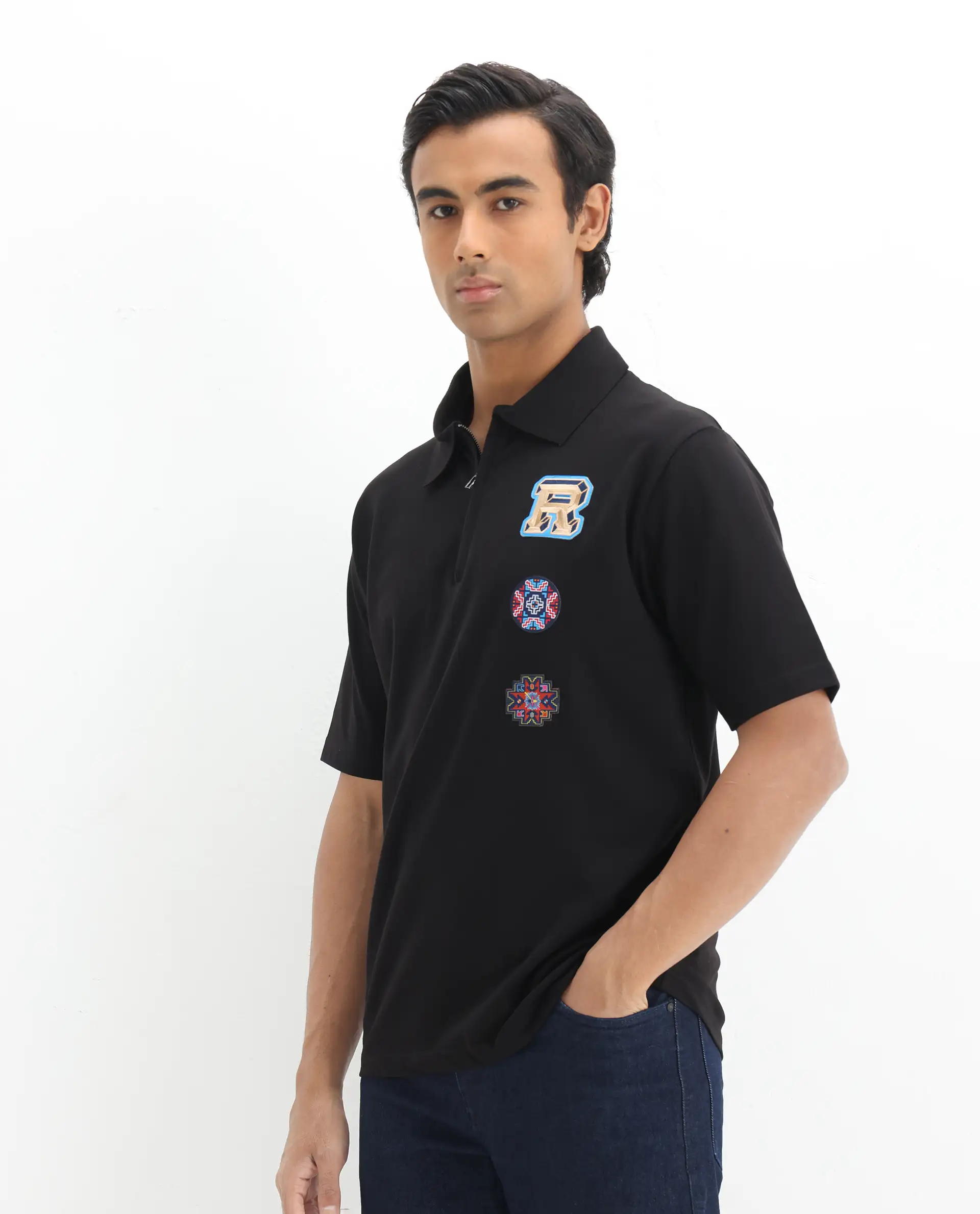Rare Rabbit Men's Labe Black Cotton Blend Plain Oversized Fit Half Sleeve Polo - Image 5