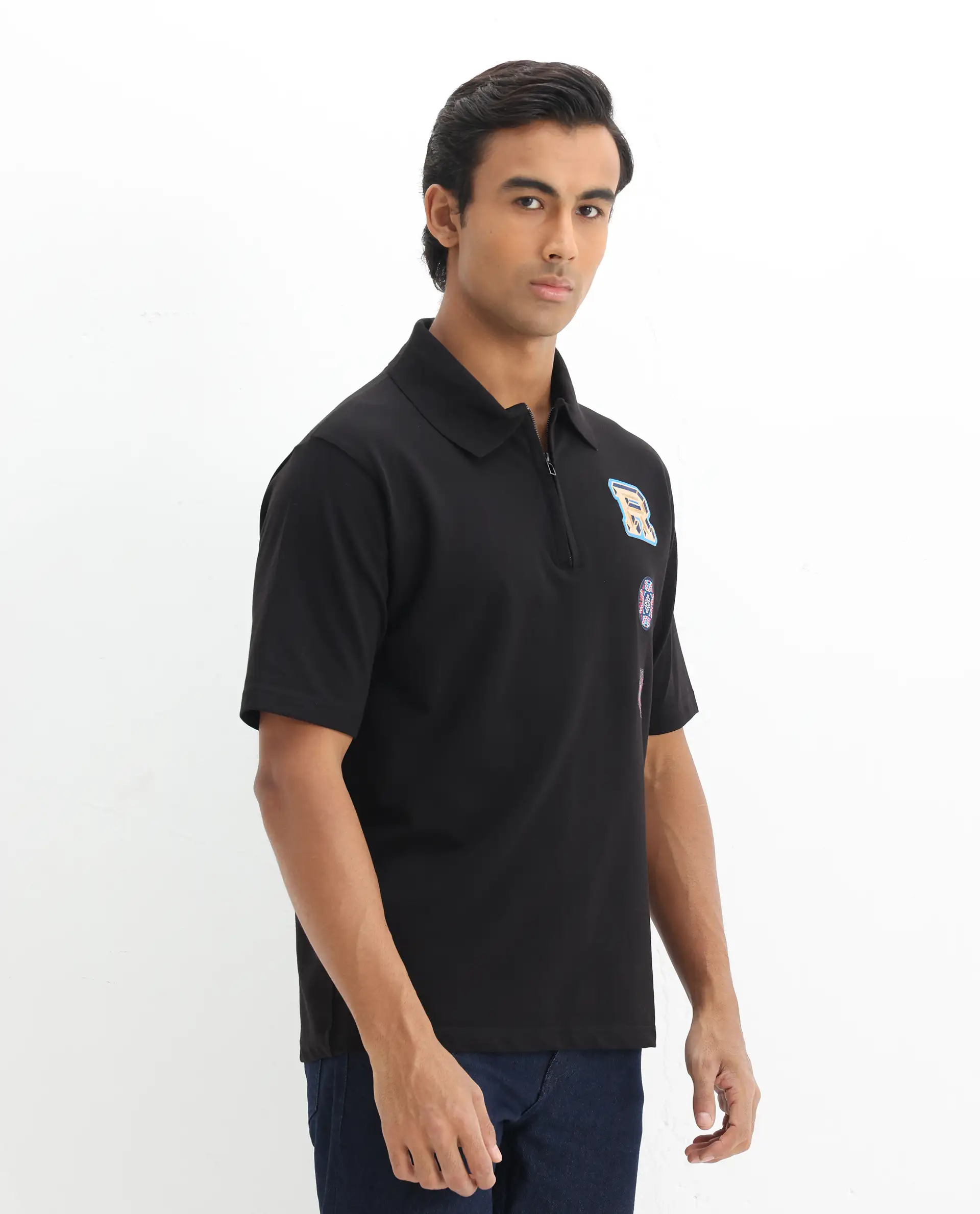 Rare Rabbit Men's Labe Black Cotton Blend Plain Oversized Fit Half Sleeve Polo - Image 6