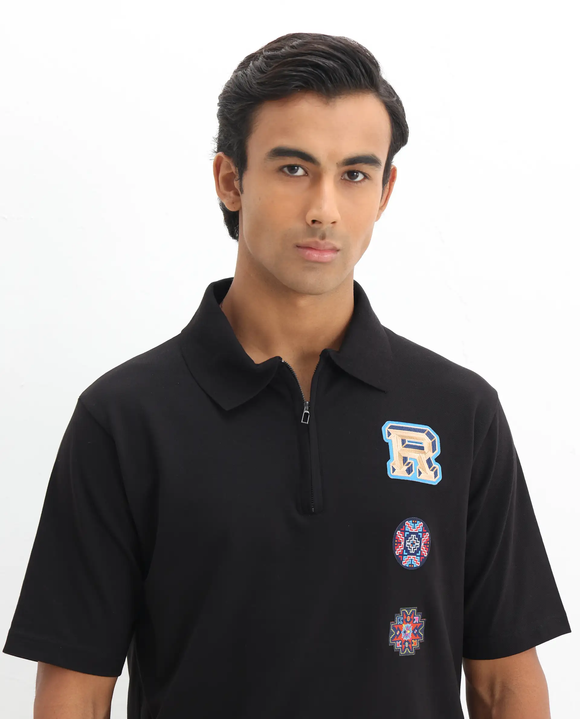 Rare Rabbit Men's Labe Black Cotton Blend Plain Oversized Fit Half Sleeve Polo - Image 7