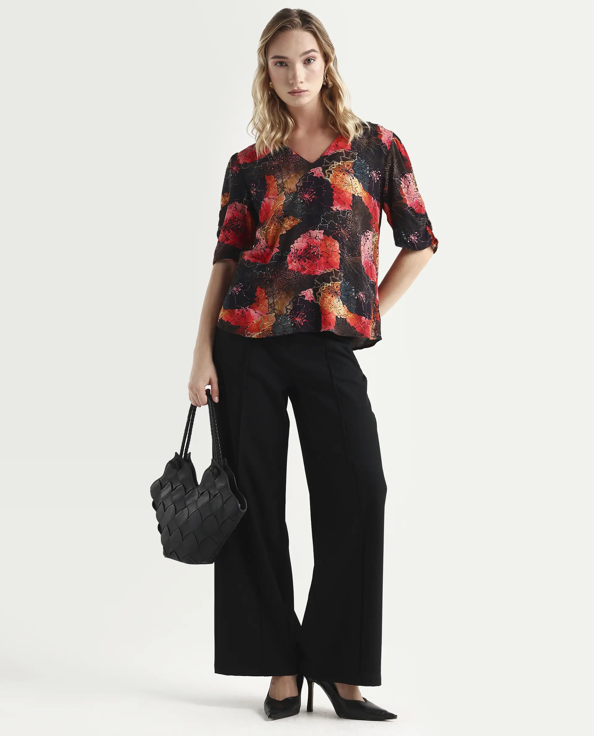 Rareism Women's Labia Multi Cotton Blend V-Neck Floral Print Bell Sleeve Crop Regular Fit Top - Image 2