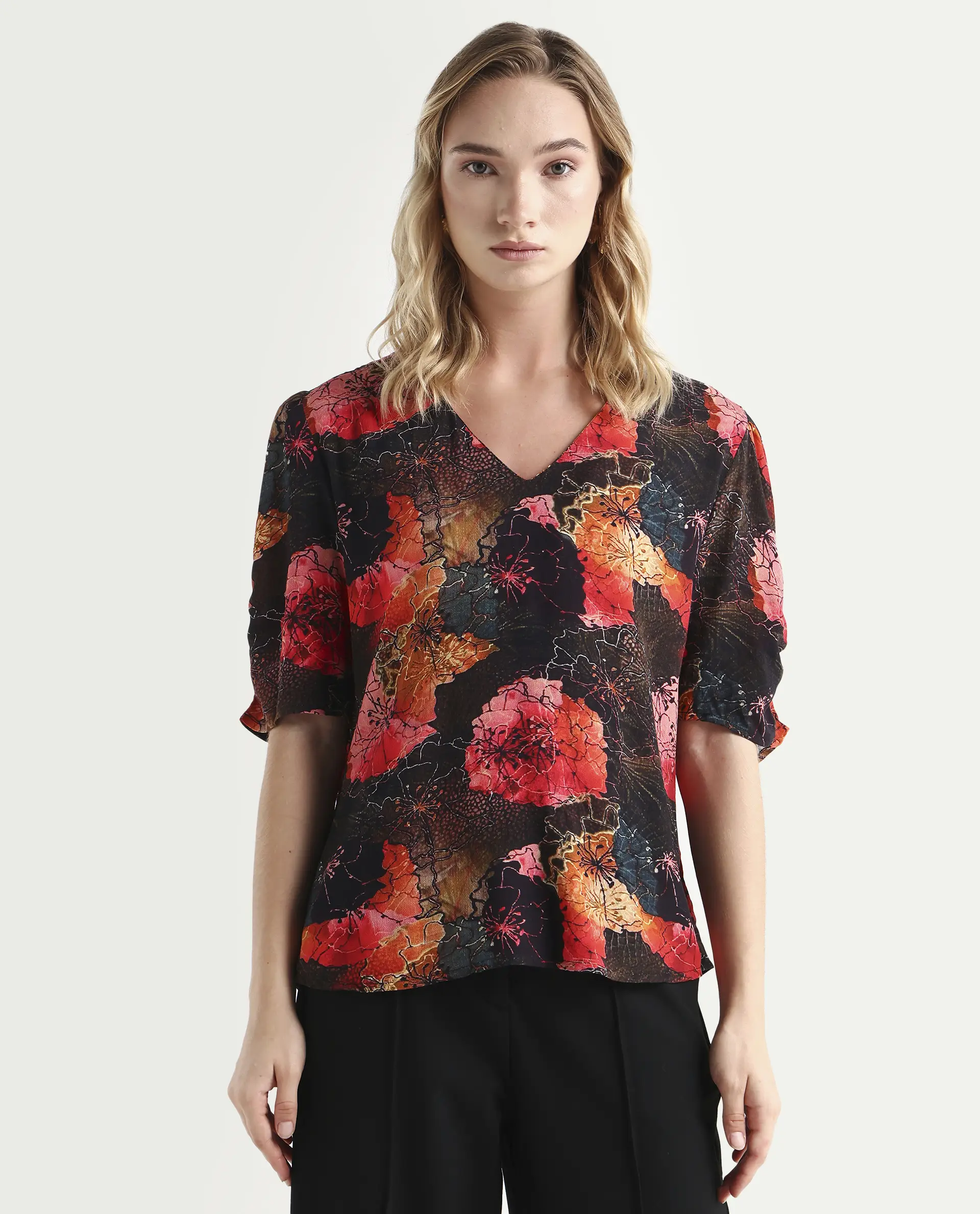 Rareism Women's Labia Multi Cotton Blend V-Neck Floral Print Bell Sleeve Crop Regular Fit Top - Image 3