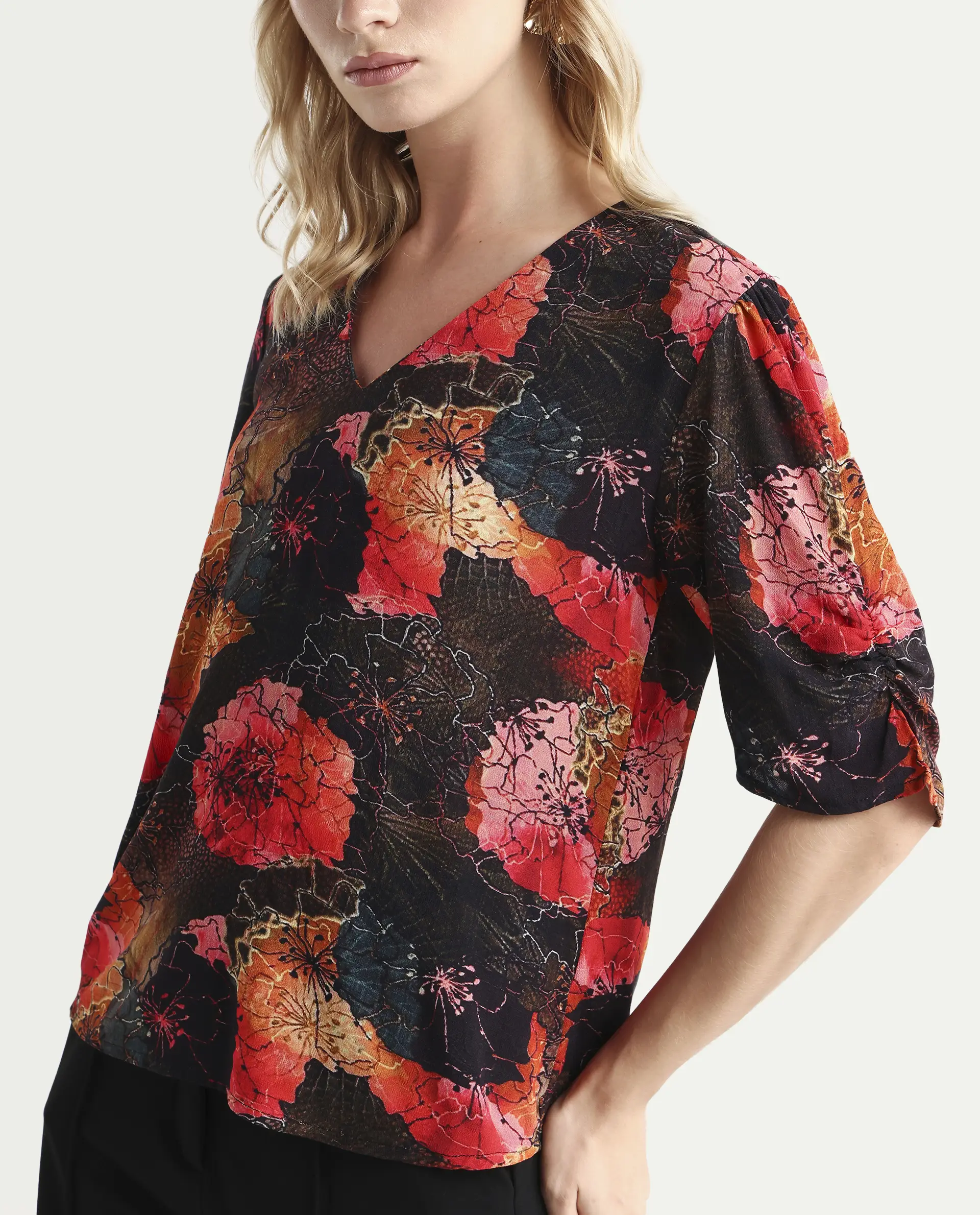 Rareism Women's Labia Multi Cotton Blend V-Neck Floral Print Bell Sleeve Crop Regular Fit Top - Image 4