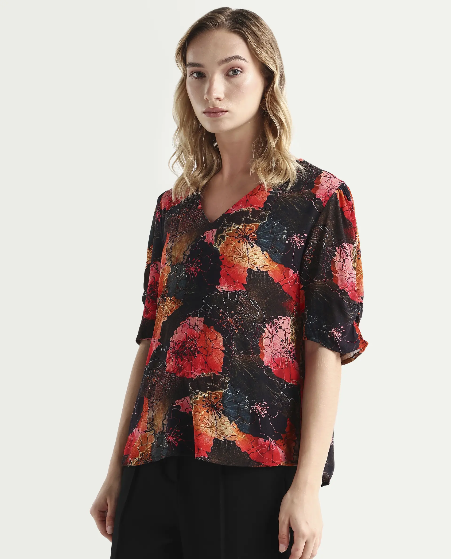 Rareism Women's Labia Multi Cotton Blend V-Neck Floral Print Bell Sleeve Crop Regular Fit Top - Image 5