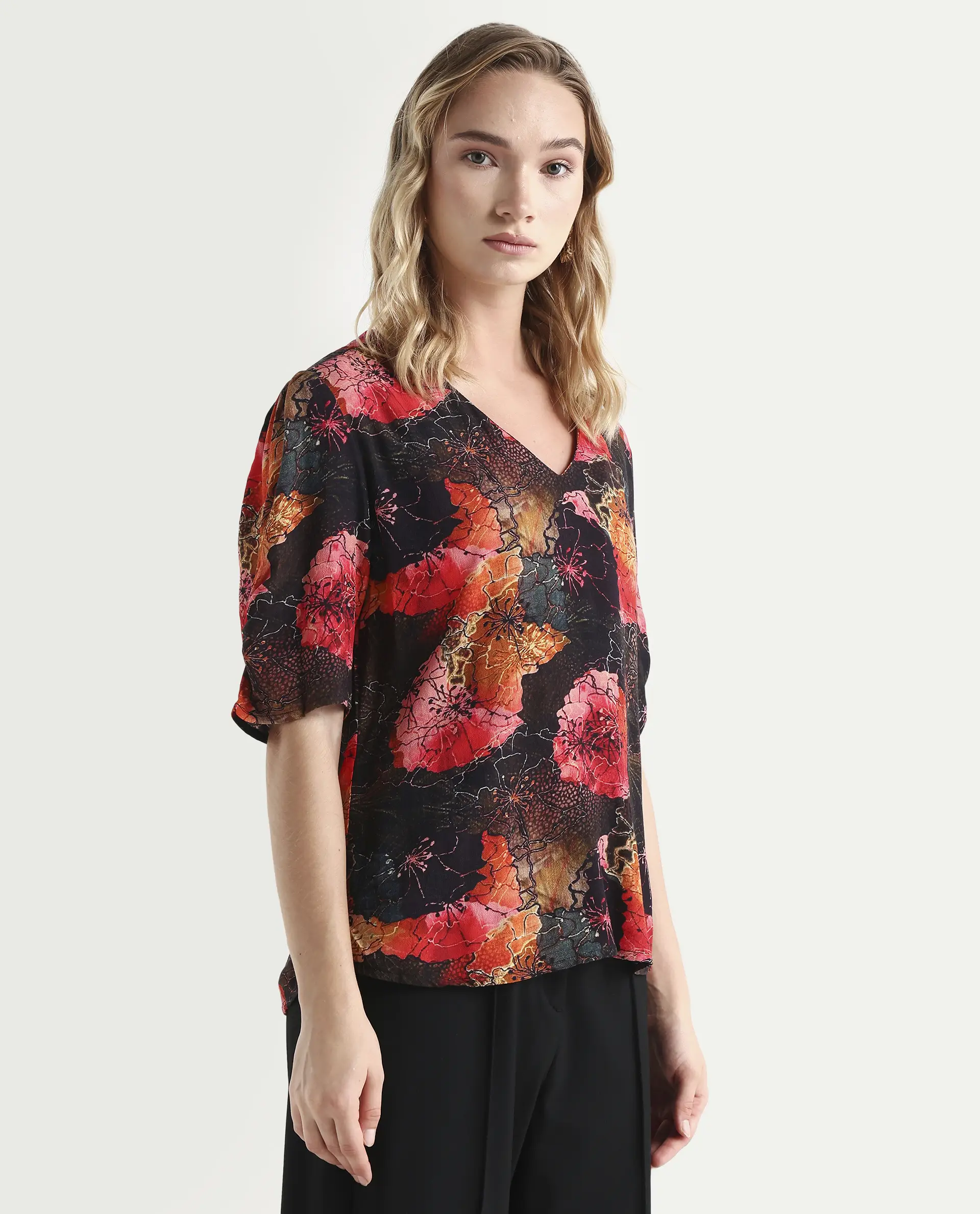 Rareism Women's Labia Multi Cotton Blend V-Neck Floral Print Bell Sleeve Crop Regular Fit Top - Image 6