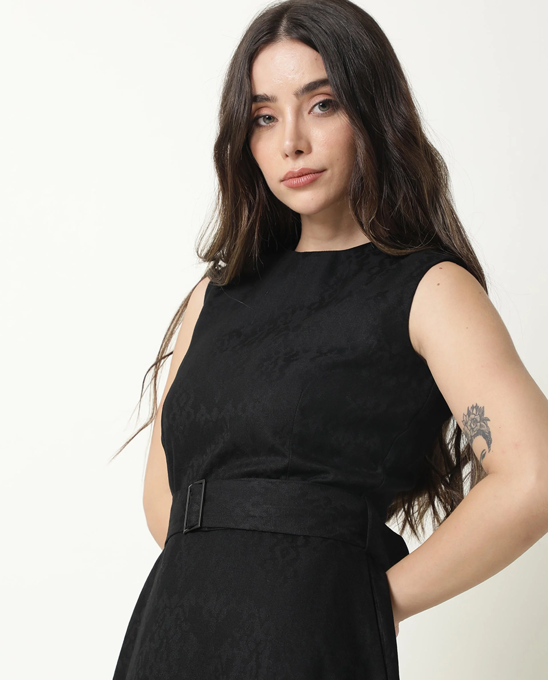 Rareism Women's Lacau Black Polyester Crew Neck Plain Sleeveless Midi Flared Dress - Image 8