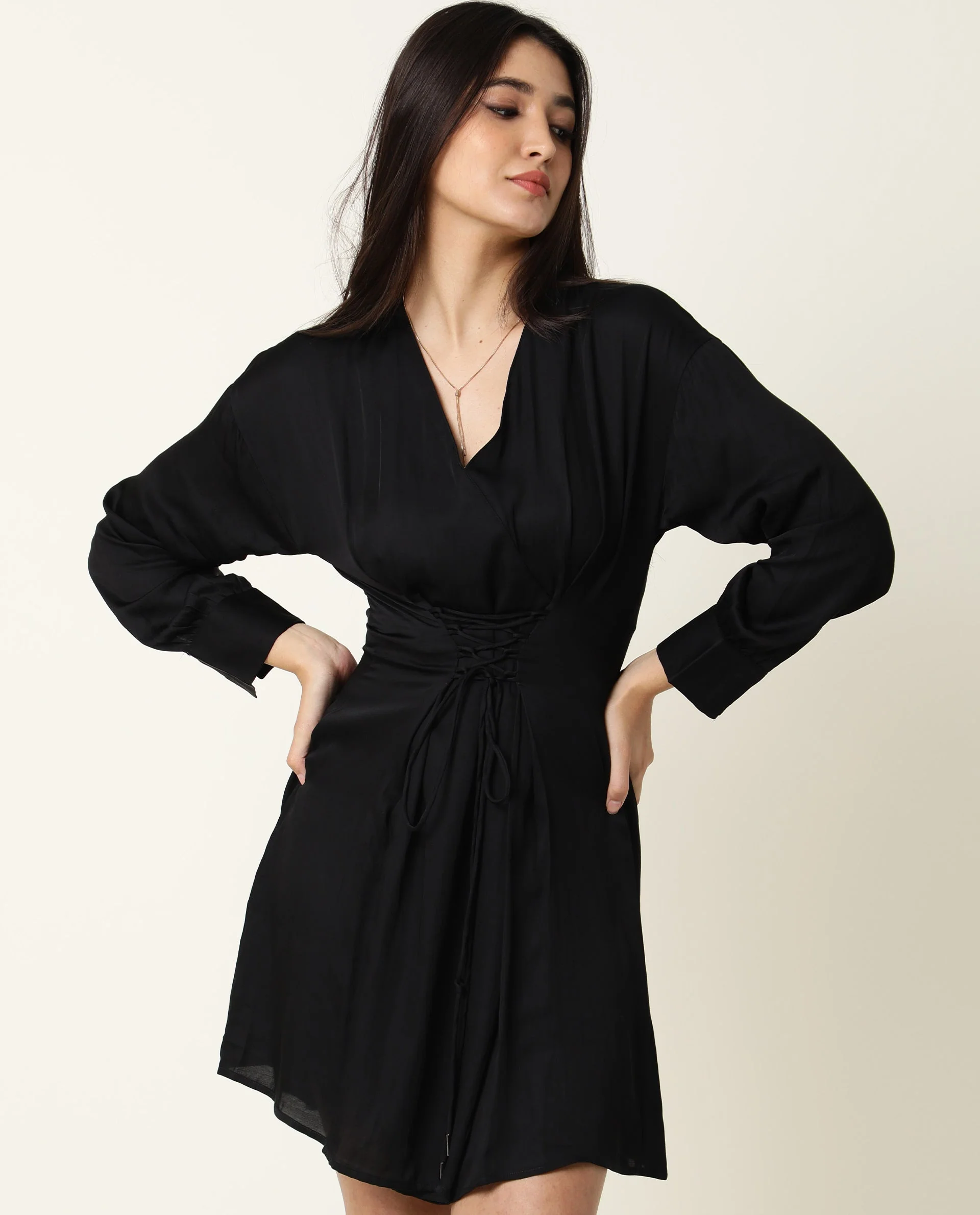 Rareism Women's Lactose Black Modal Blend Overlap Neck Plain Puff Sleeves Mini Flared Dress - Image 2