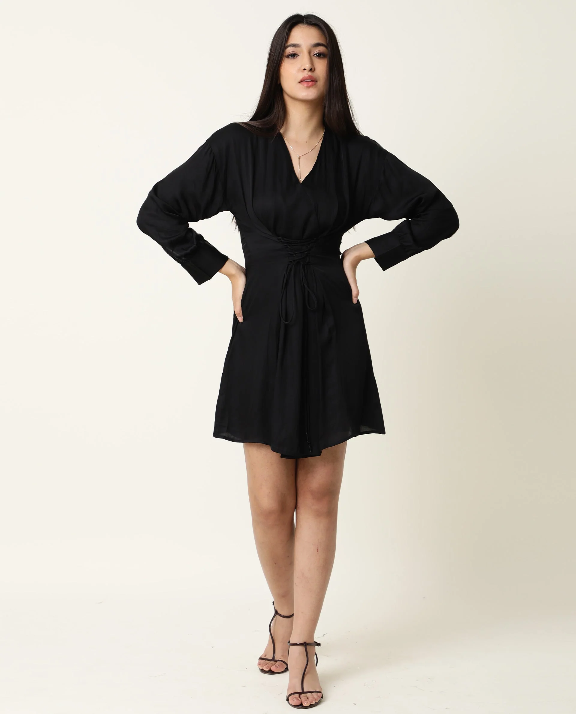 Rareism Women's Lactose Black Modal Blend Overlap Neck Plain Puff Sleeves Mini Flared Dress - Image 3