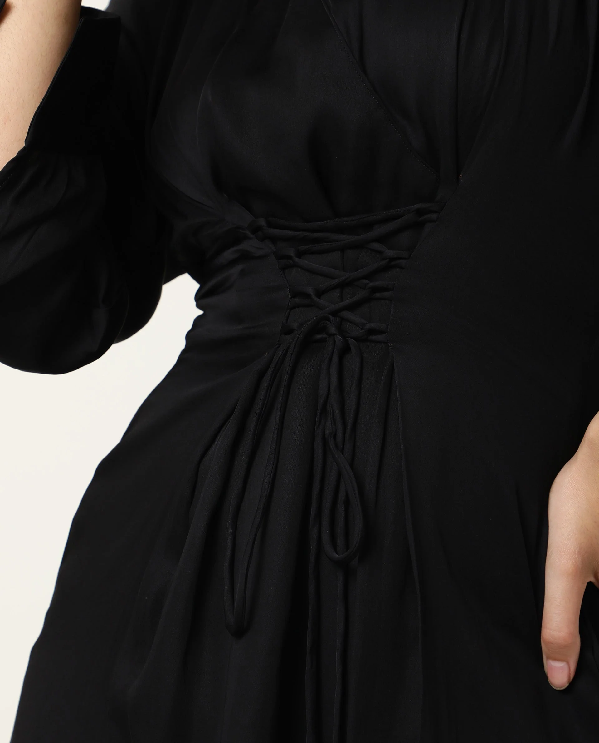 Rareism Women's Lactose Black Modal Blend Overlap Neck Plain Puff Sleeves Mini Flared Dress - Image 4