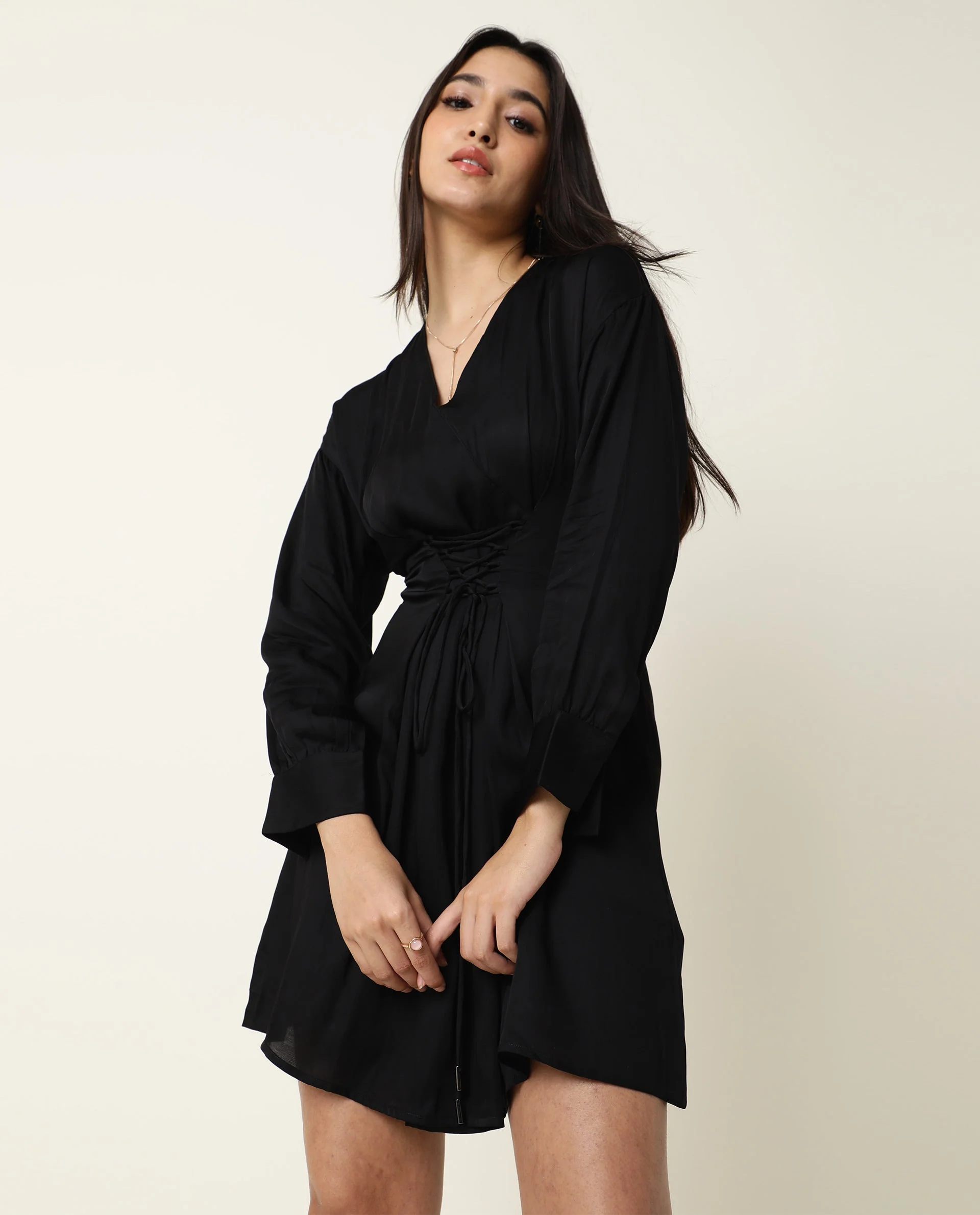 Rareism Women's Lactose Black Modal Blend Overlap Neck Plain Puff Sleeves Mini Flared Dress - Image 5