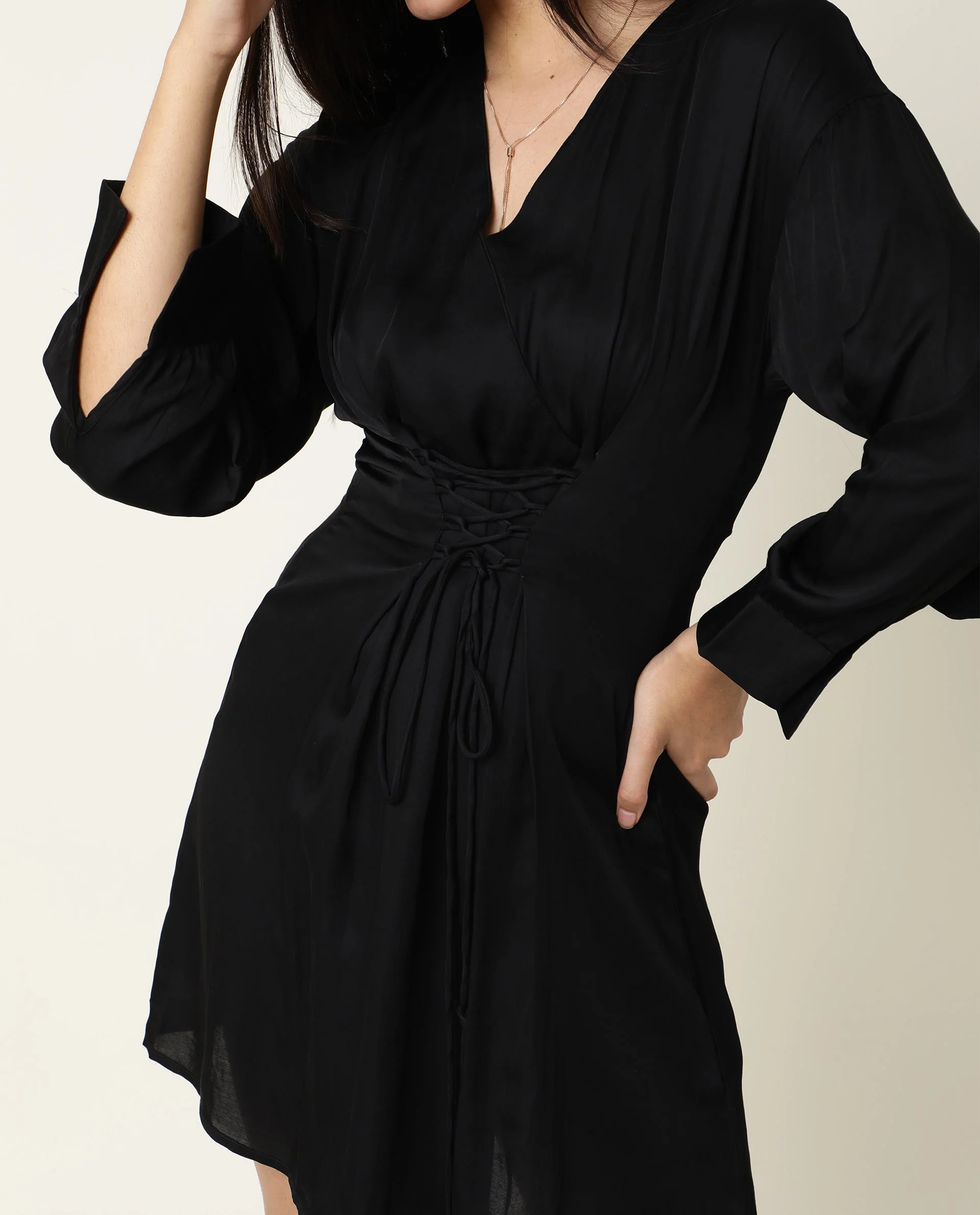 Rareism Women's Lactose Black Modal Blend Overlap Neck Plain Puff Sleeves Mini Flared Dress - Image 6