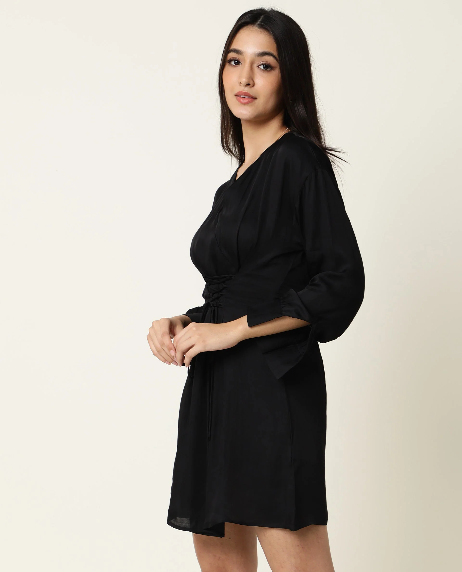 Rareism Women's Lactose Black Modal Blend Overlap Neck Plain Puff Sleeves Mini Flared Dress - Image 7