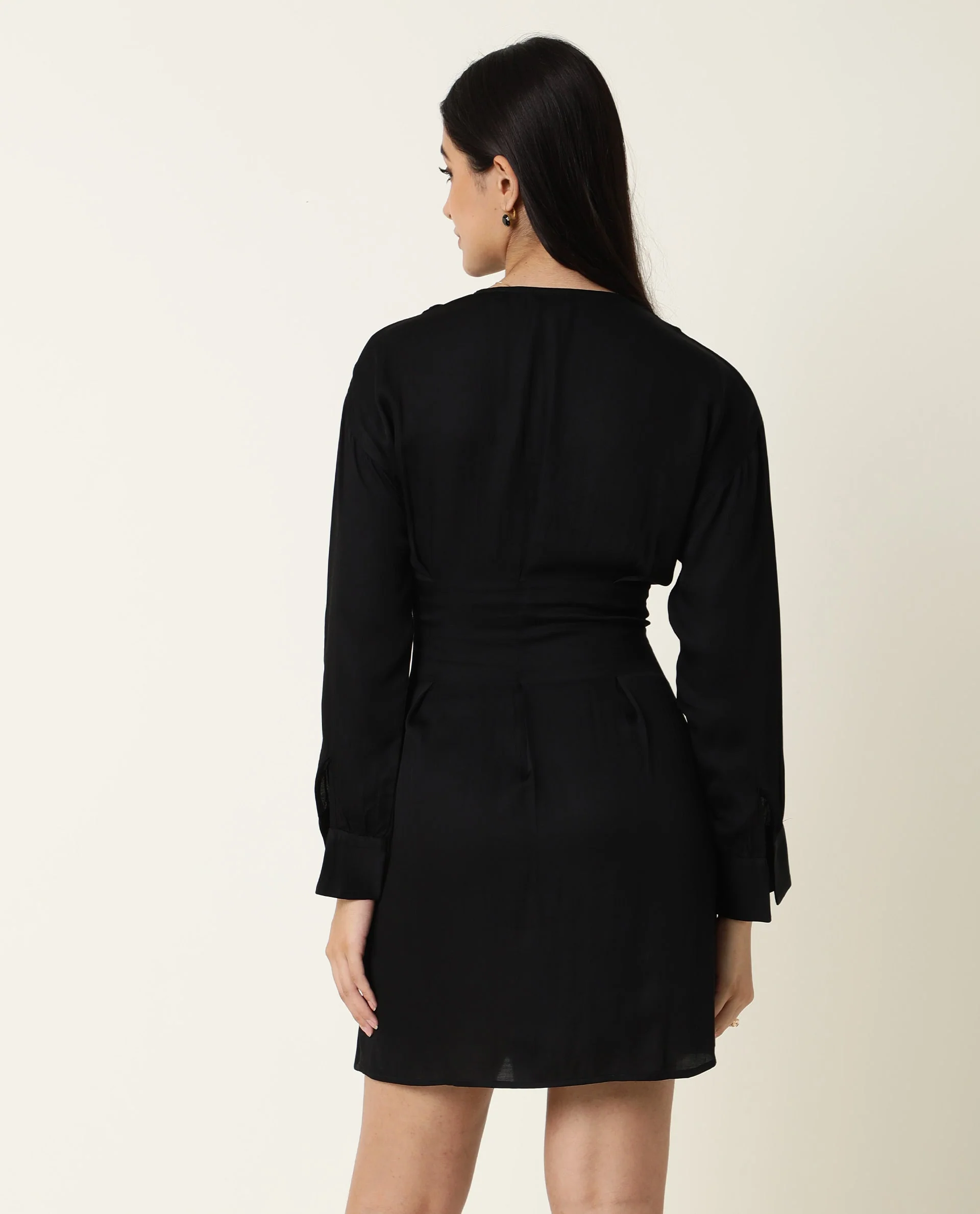 Rareism Women's Lactose Black Modal Blend Overlap Neck Plain Puff Sleeves Mini Flared Dress - Image 8