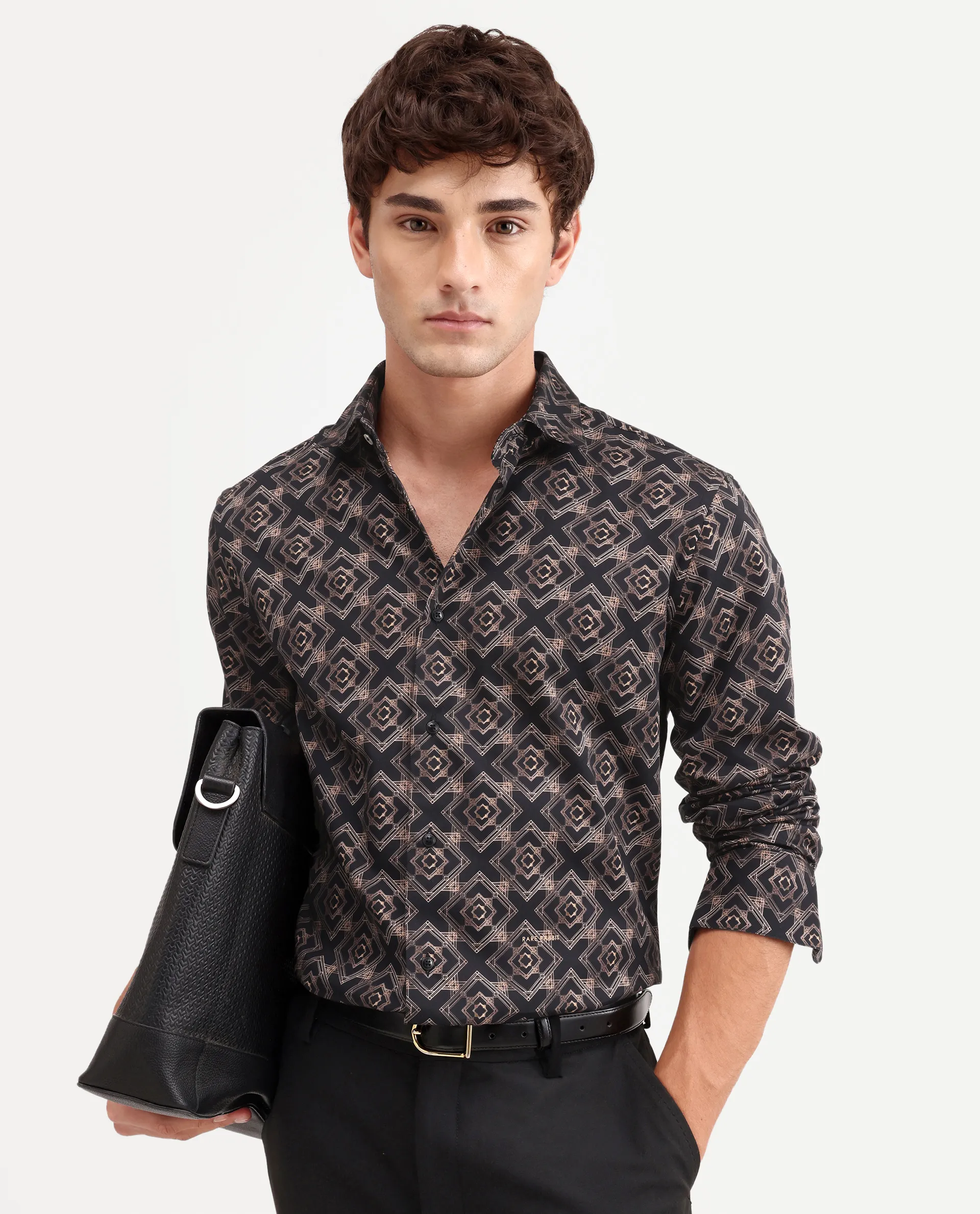 Rare Rabbit Men's Lacy Black Cotton Fabric Full Sleeve Spread Collar Button Regular Fit Geometric Print Shirt