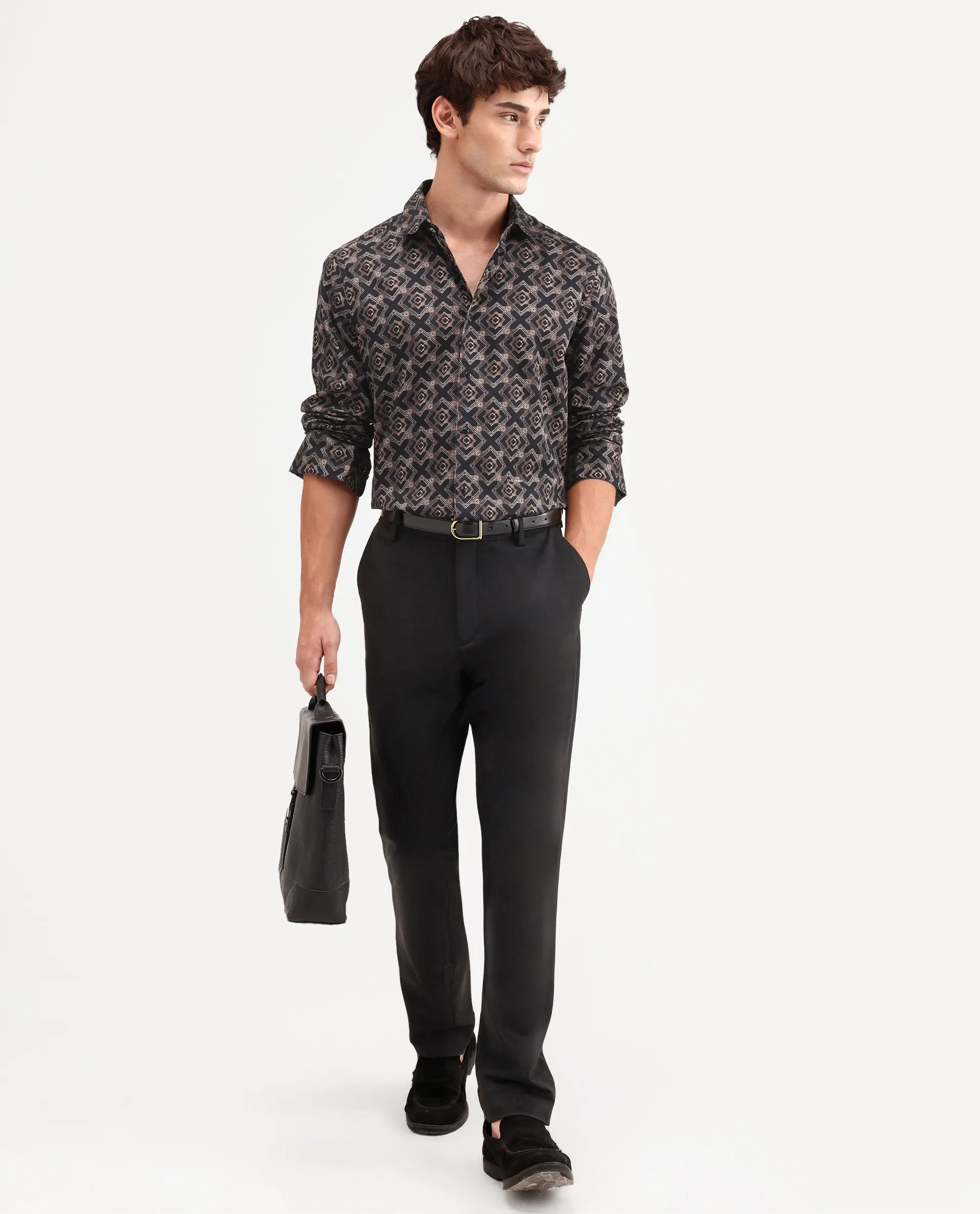 Rare Rabbit Men's Lacy Black Cotton Fabric Full Sleeve Spread Collar Button Regular Fit Geometric Print Shirt - Image 2